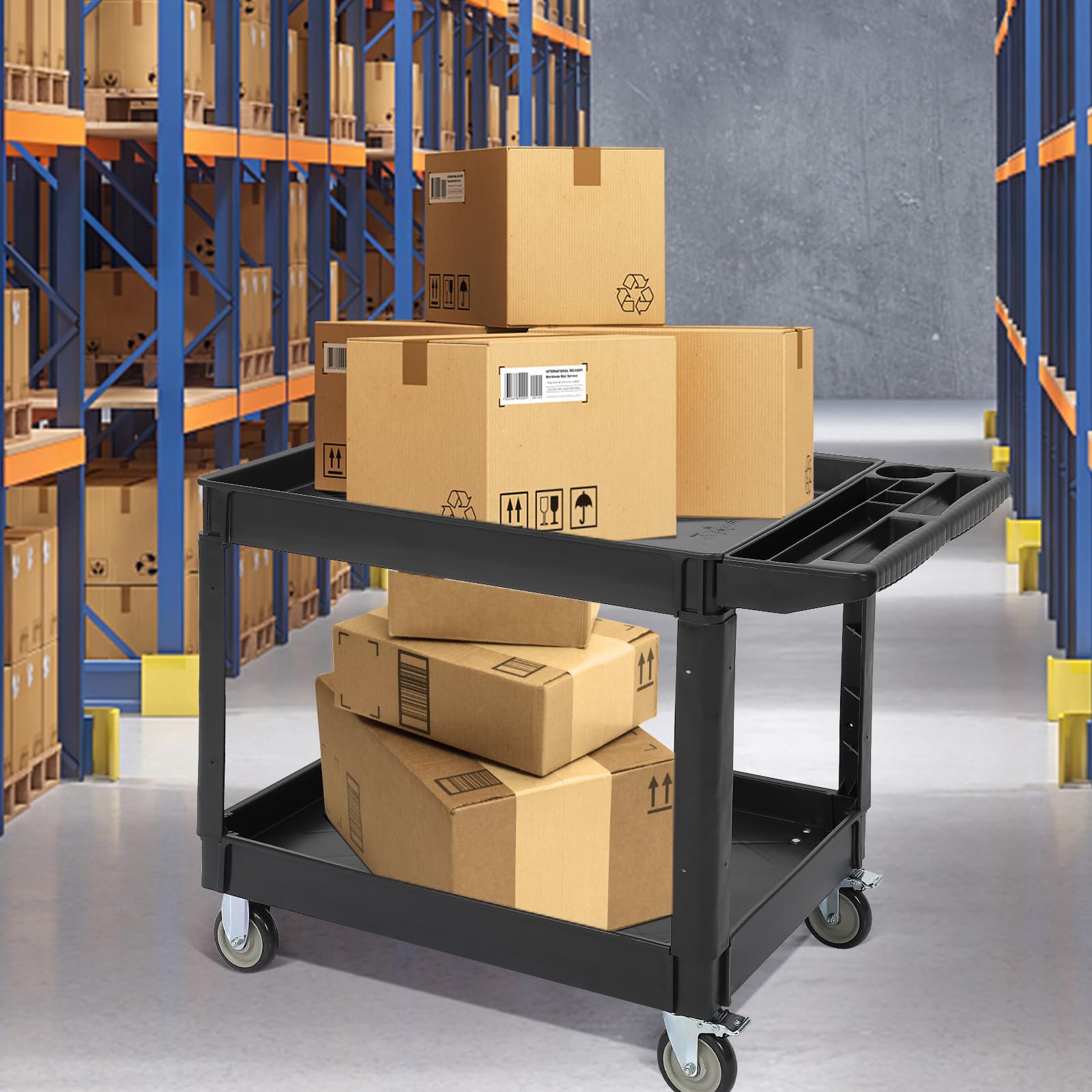 Garvee Carro de Servicio de 2 Niveles, Carro Utilitario Carga Pesada 227 kg, 2 Bandejas 91x61 cm, Ruedas Giratorias 12,7 cm con Freno, Mango Ergonómico para Almacén/Garaje/Hotel/Restaurante, Negro
