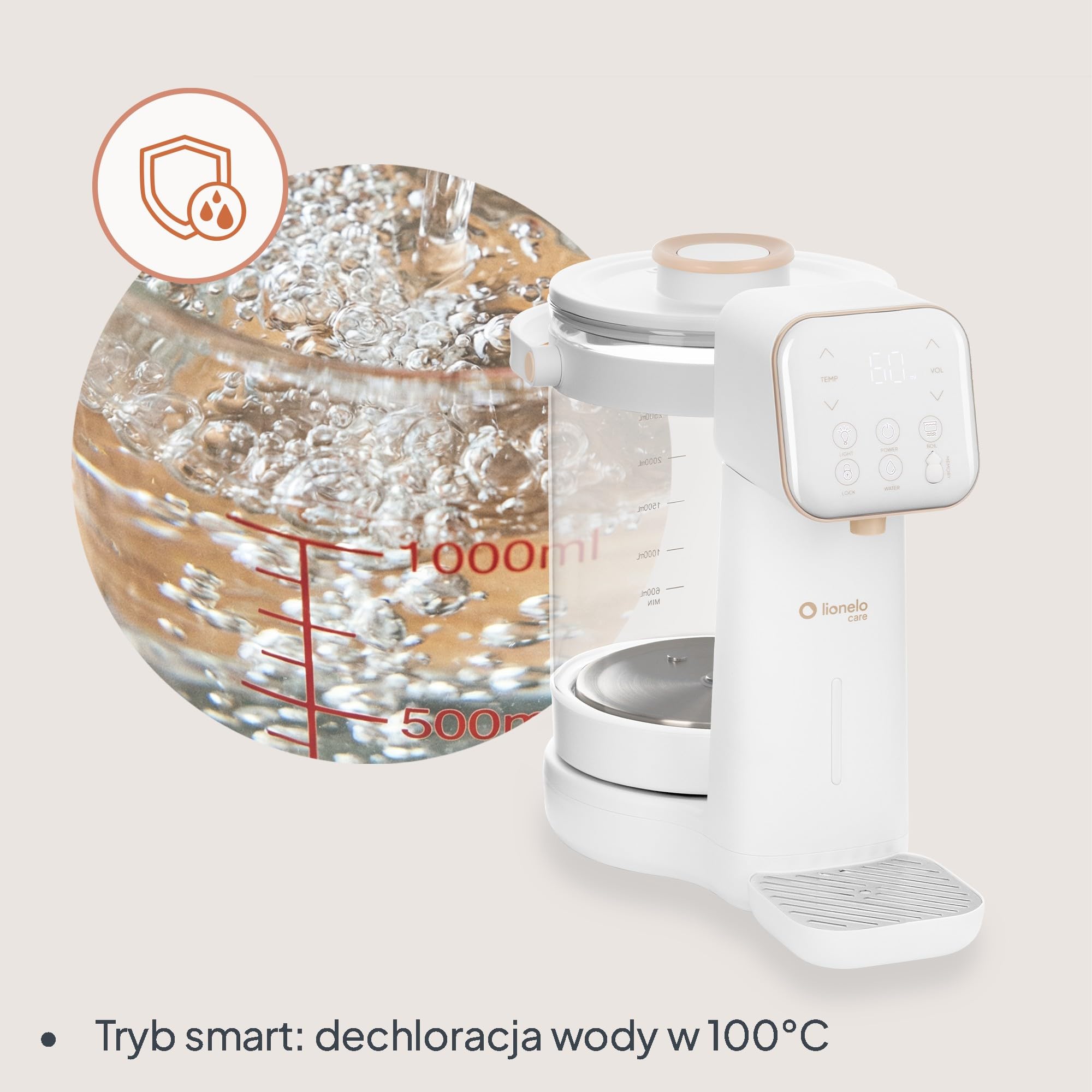 Lionelo Babypresto 2.0 urządzenie do przygotowywania butelek dla niemowląt i ogrzewacz do butelek dla niemowląt o temperaturze 40-100°C, higiena UV, dechlorowanie, dozowanie 30-300 ml, szklany