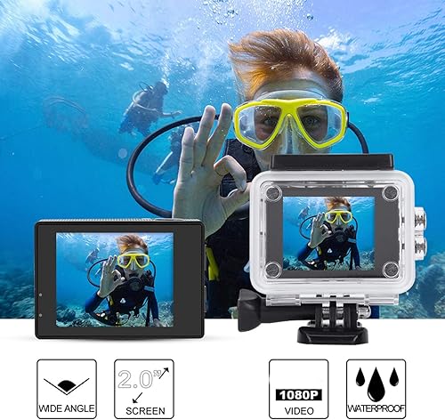Miniatura 5 de Cámara subacuática deportiva, 1080P HD cámara para exteriores con pantalla LCD de 2 pulgadas, cámara de acción impermeable de 140  gran angular de