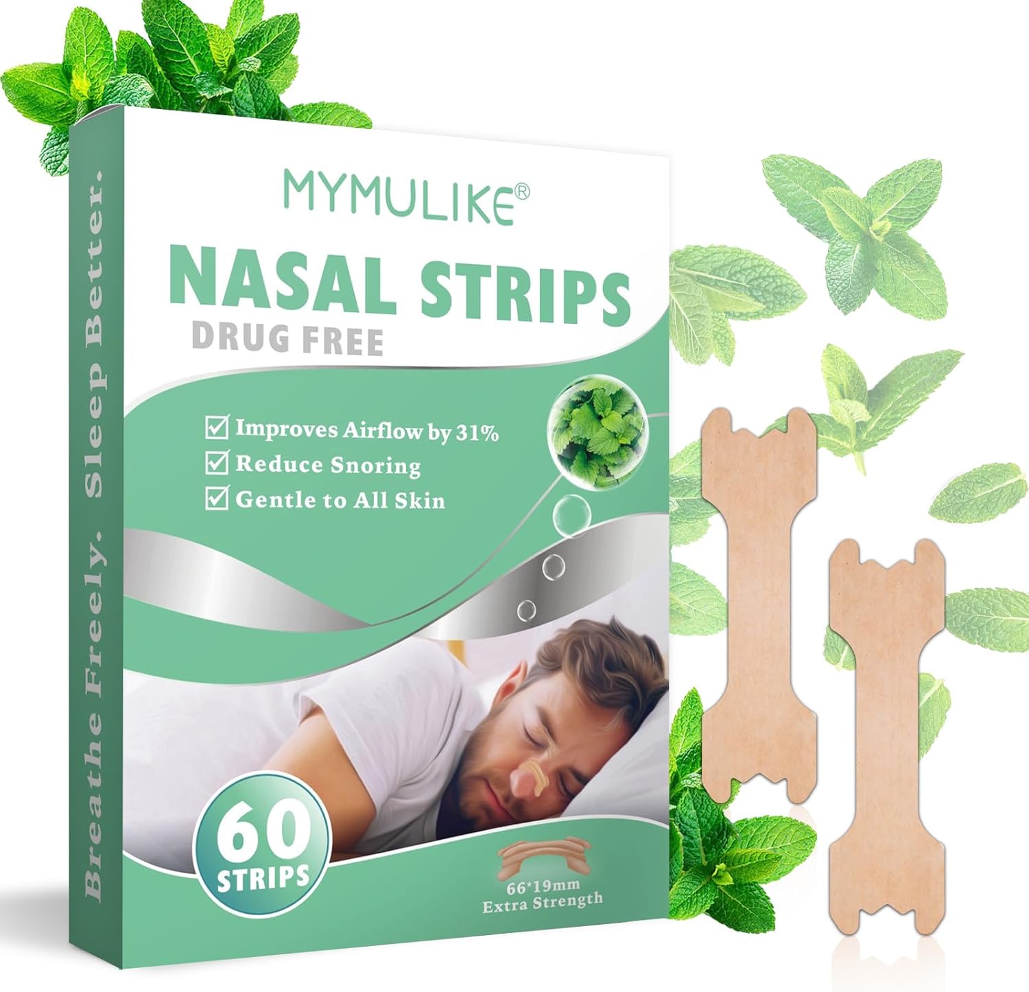 MYMULIKE Nasal Strips for Snoring, 60 Count Mint Flavor