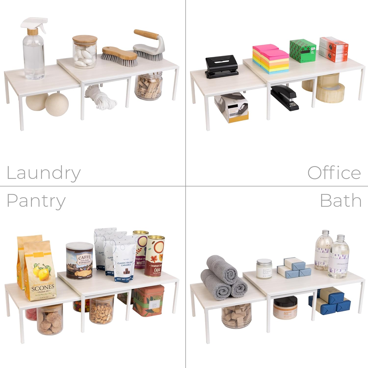 Smart Design Expandable Kitchen Storage Shelf with Premium Wooden Accents - White