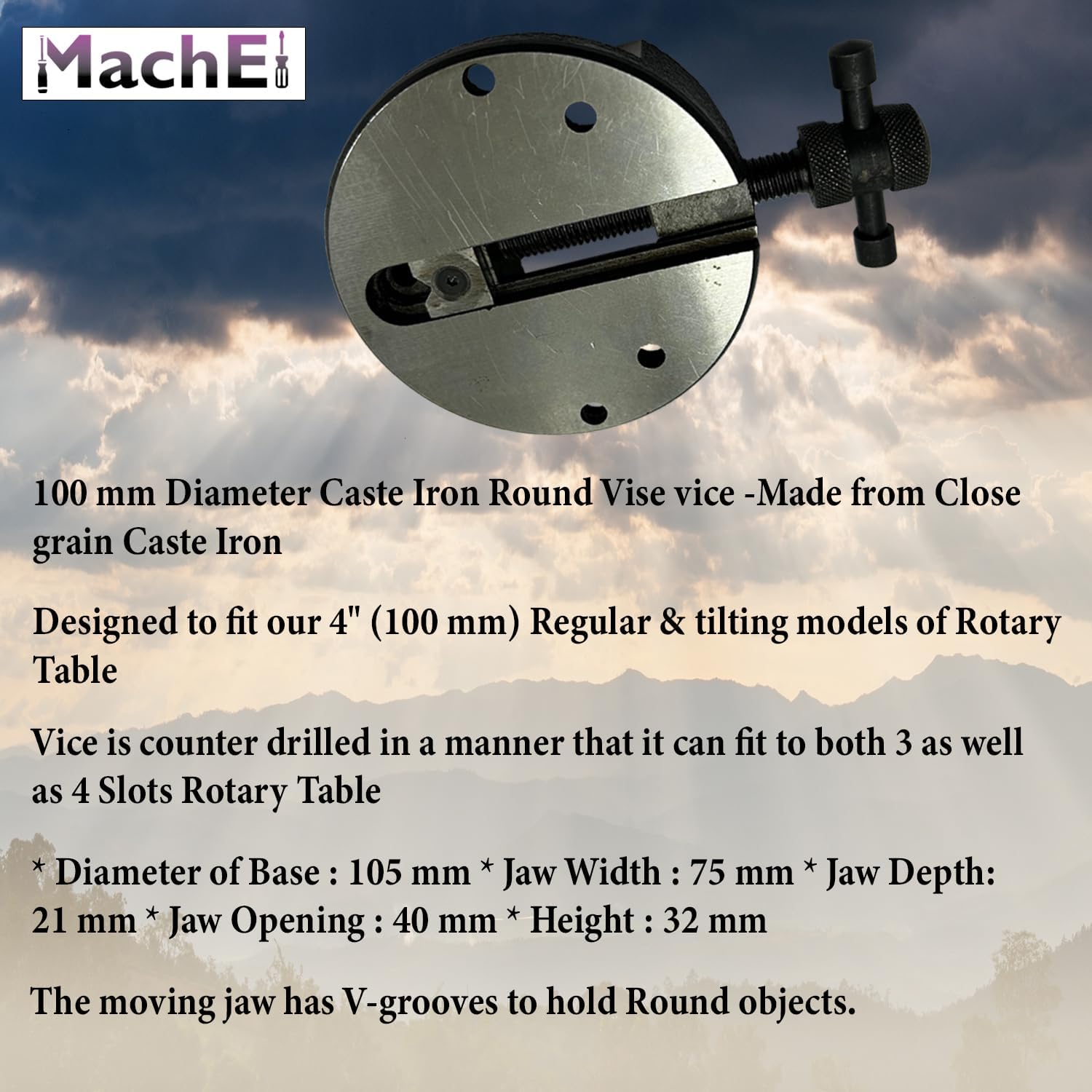 MachEl 100mm Round Vice for 4" (100mm) Rotary Milling Indexing Table with Three M6 T-Nuts and Bolts