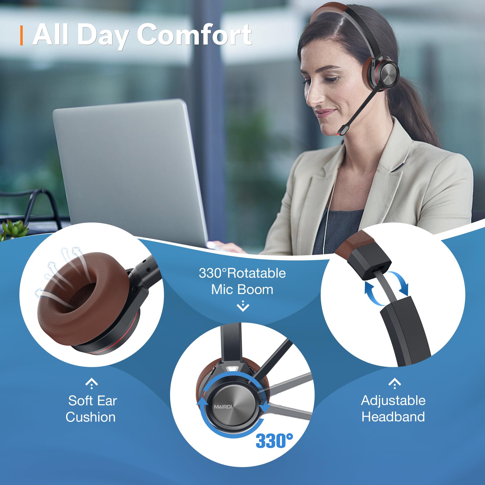 MAIRDI Auriculares Bluetooth con micrófono para PC, tiempo de reproducción de 40 horas, auriculares inalámbricos con cancelación de ruido para oficina, trabajo, teléfono, centro de llamadas, equipos