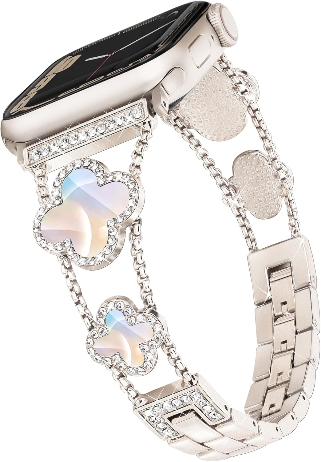Wipalor Clover Band [No-Tool Adjust] Fit Apple Watch Bands for Women 46mm 44mm 45mm 42mm 49mm, Slim iWatch Bands for Women, Bling Strap Fit iPhone Watch Band Series 11 10 9 8 7 6 5 4 3 SE Ultra-Starlight
