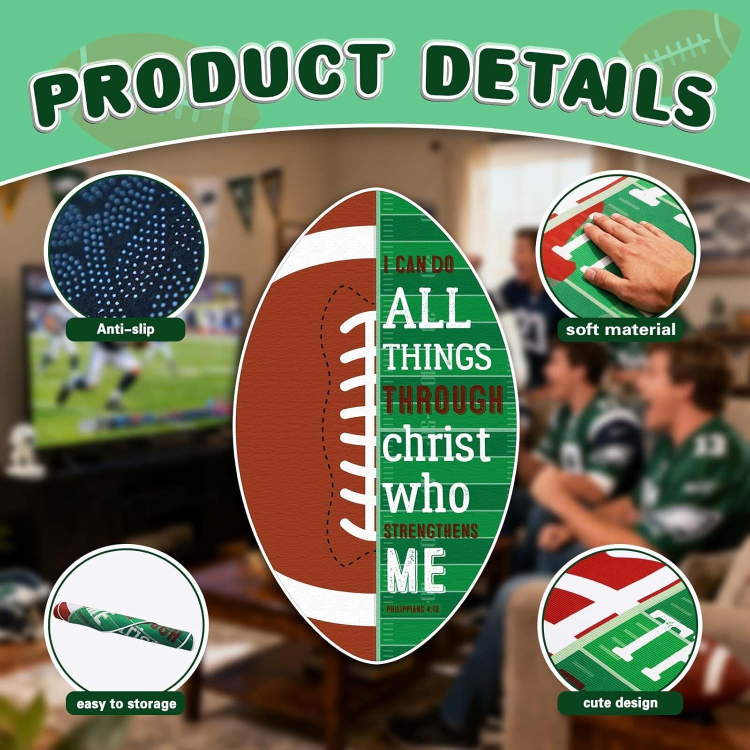 35.4Inch Football Bath Rug Plush Area Rug,Washable Sports Doormat,Non-Slip Bathroom Rug Hallway Floor Mat, Bath Mats Floor Carpet Soft Play Mat for Living Room Entryway Playroom Nursery Bedroom