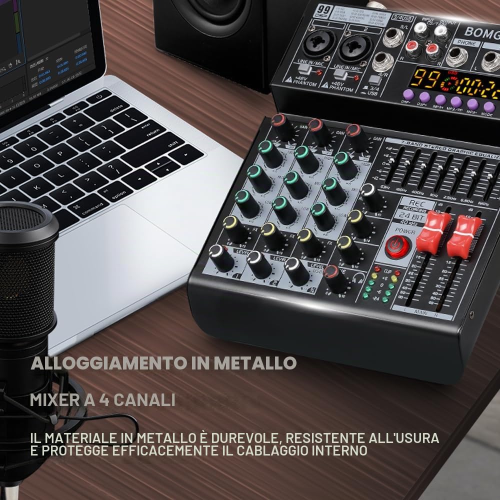 BOMGE Mixer audio 04A, console di mixaggio professionale con USB/Bluetooth/computer/mixer DJ con ingresso stereo a 4 canali, 48 V, Phantom Digital 99, effetto DSP per registrazione su PC, karaoke