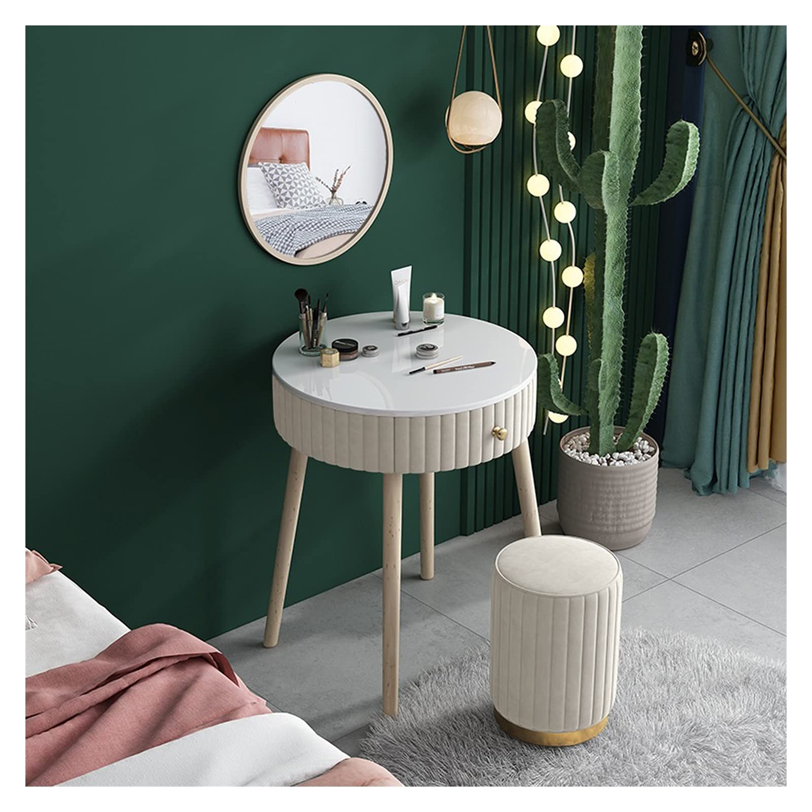 CGCSYZ Vanity Desk Small Makeup Vanity Set Dressing Table with Round Wall-mounted Mirror and Cushioned Stool Diameter 60cm, H 77cm Makeup Dressing Table (White)