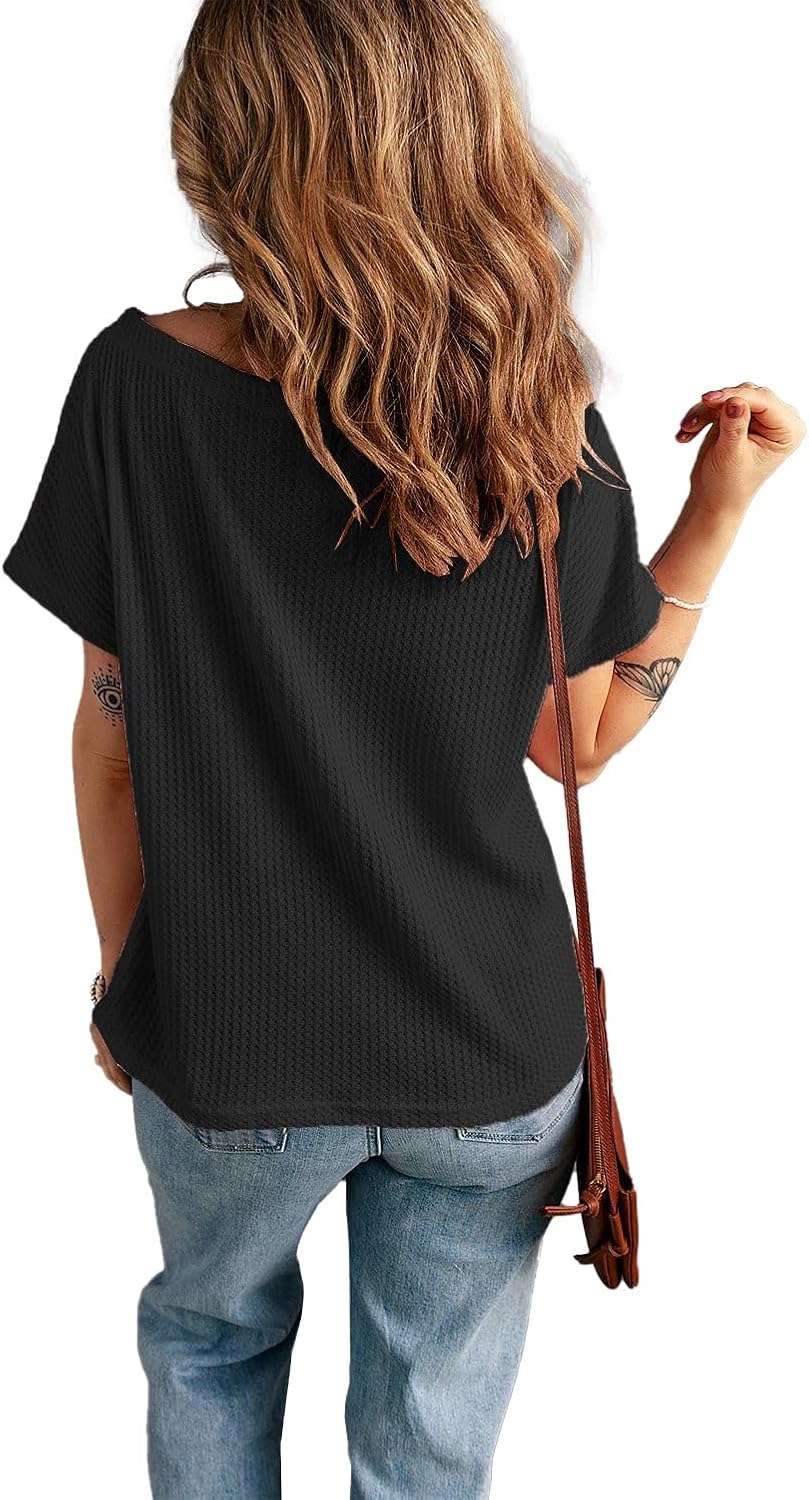 KINLONSAIR Womens Basic T Shirts Summer Tops 2026 Short Sleeve Casual Loose fit Waffle Tops Boat Neck Tee - Image 4