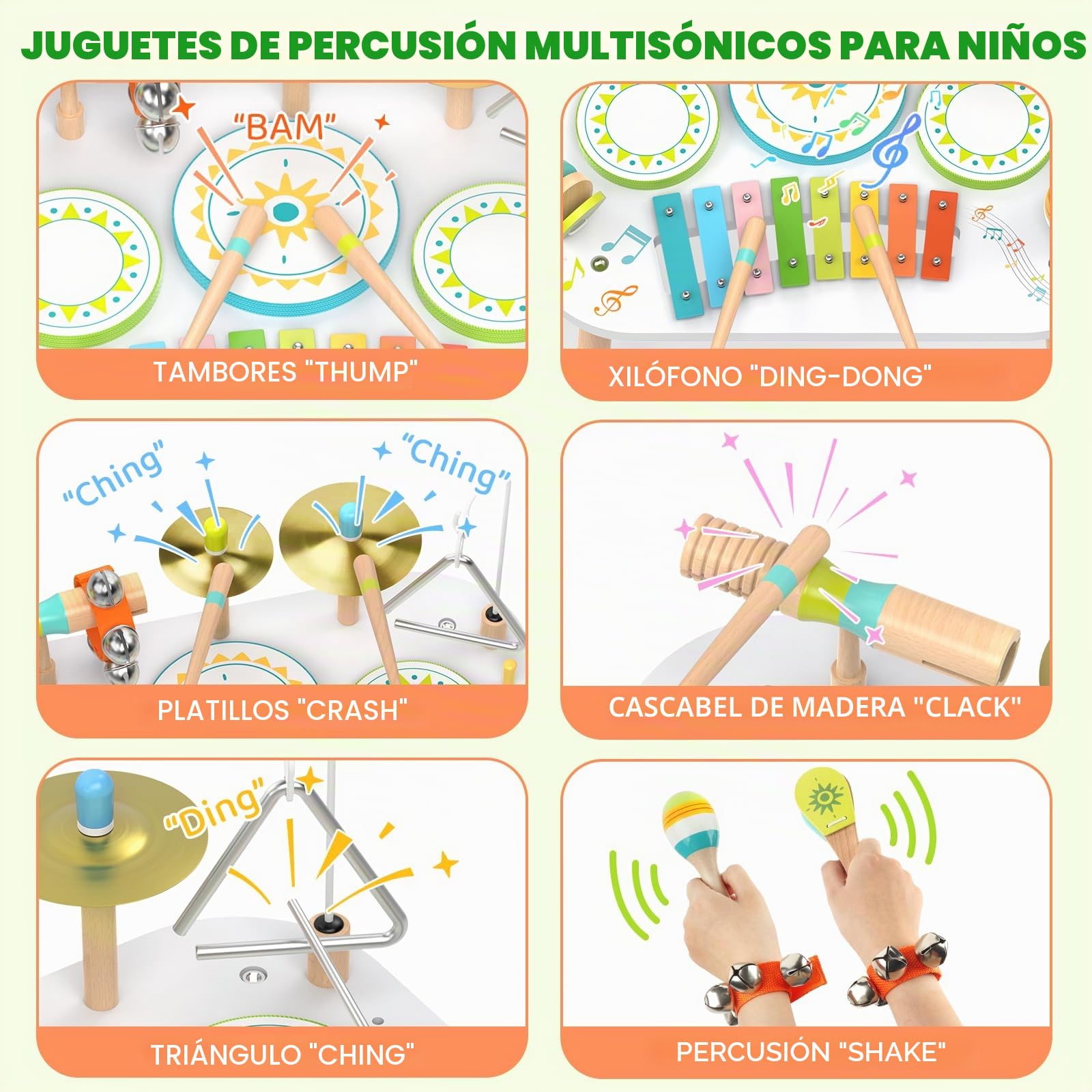 Batería 12‑en‑1 para Niños 1‑3 Años, Mesa Instrumentos Musicales Bebé, Juguetes Madera Montessori con Xilófono, Bongos, Platillo, Maracas & Cascabeles de Muñeca, Regalo Cumpleaños Niño Niña 1 2 3 Años