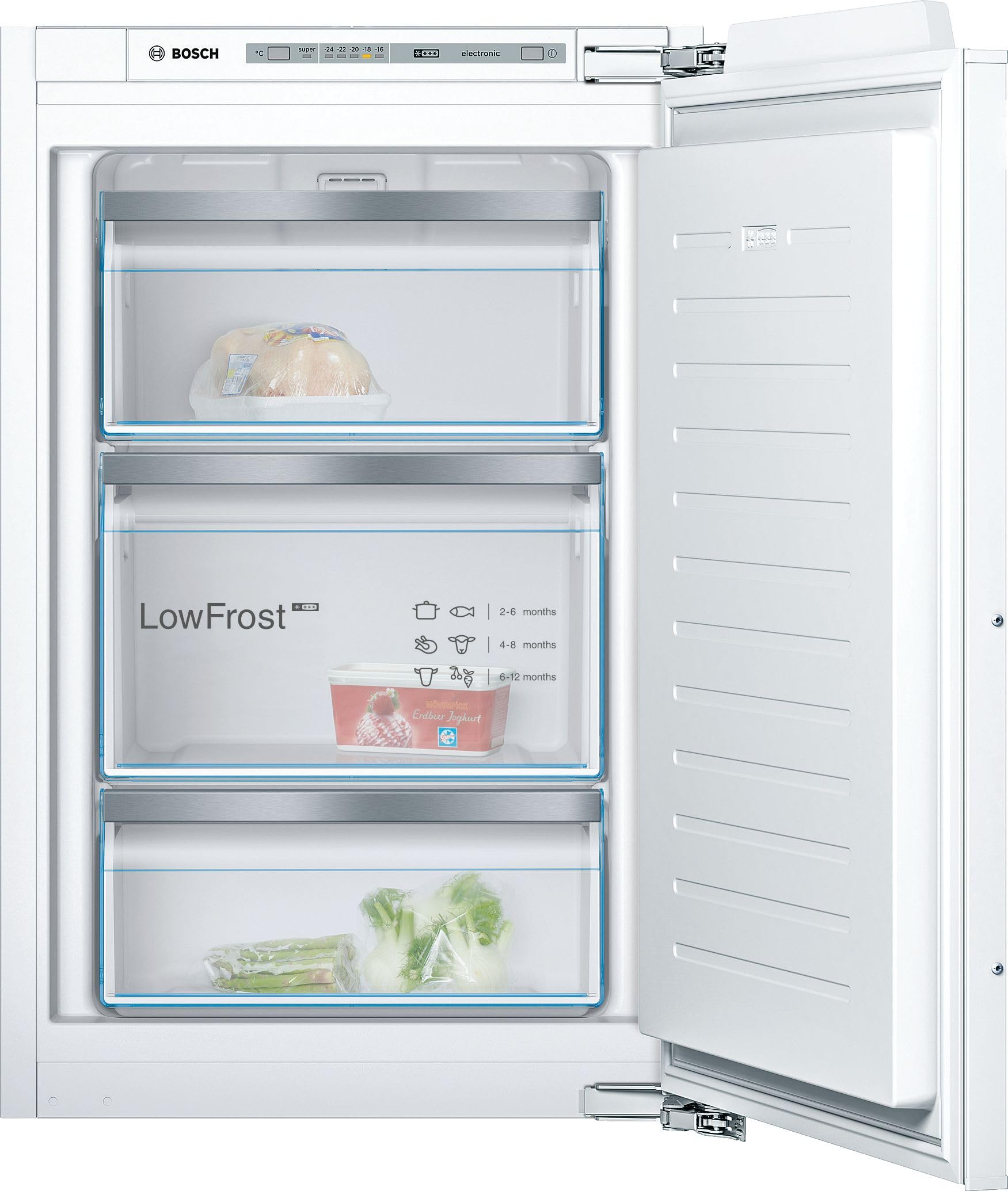 Bosch GIV21AFE0 Serie 6 Einbau-Gefrierschrank, 88 x 56 cm Nische, 97 L, Flachscharnier, Made in Germany, LowFrost seltener abtauen, BigBox Platz für großes Gefriergut