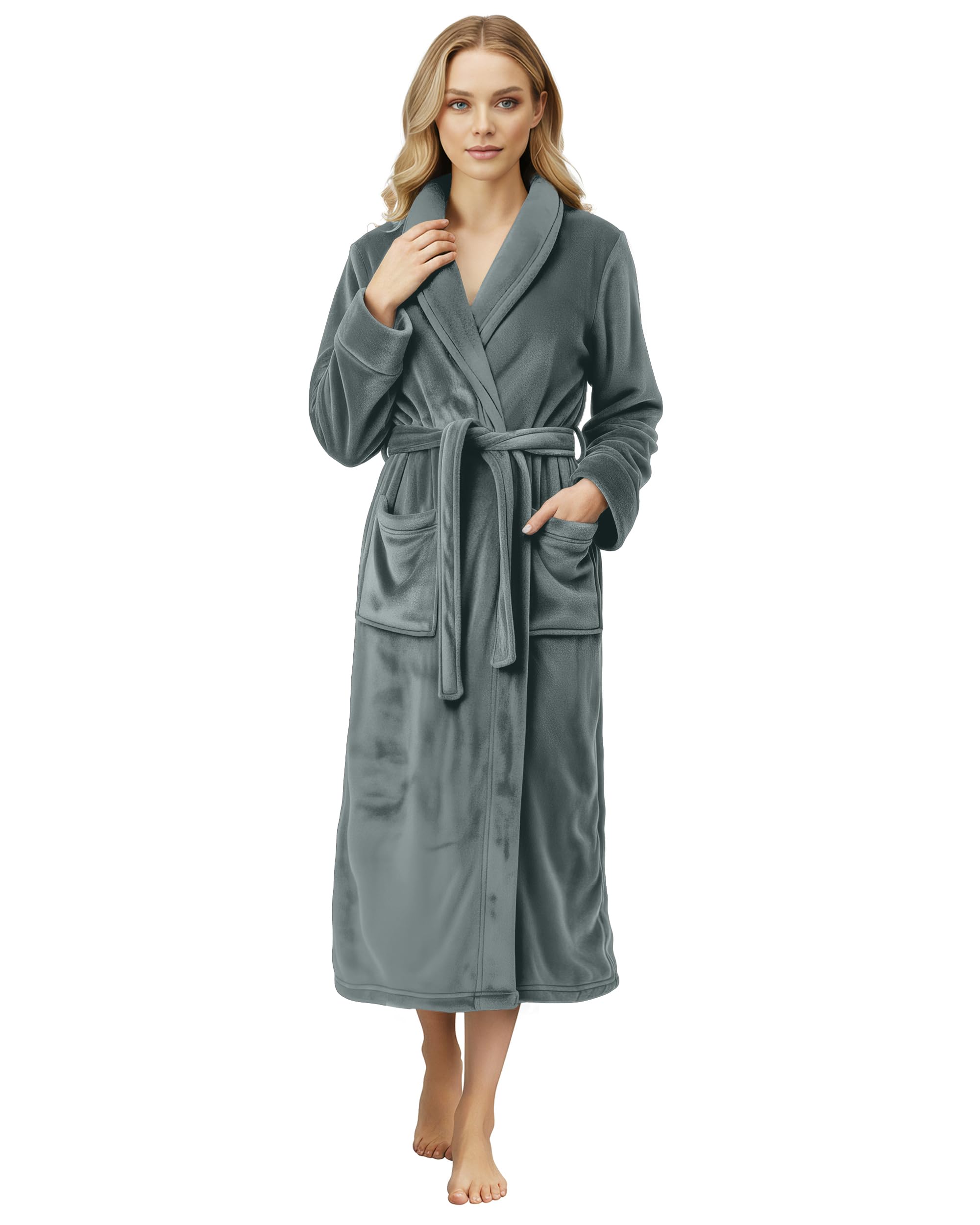 NY Threads Premium Womens Robe, Plush Fleece Long Bath Robe for Women, Fluffy Soft Women's Bathrobe, Large, Dark Grey