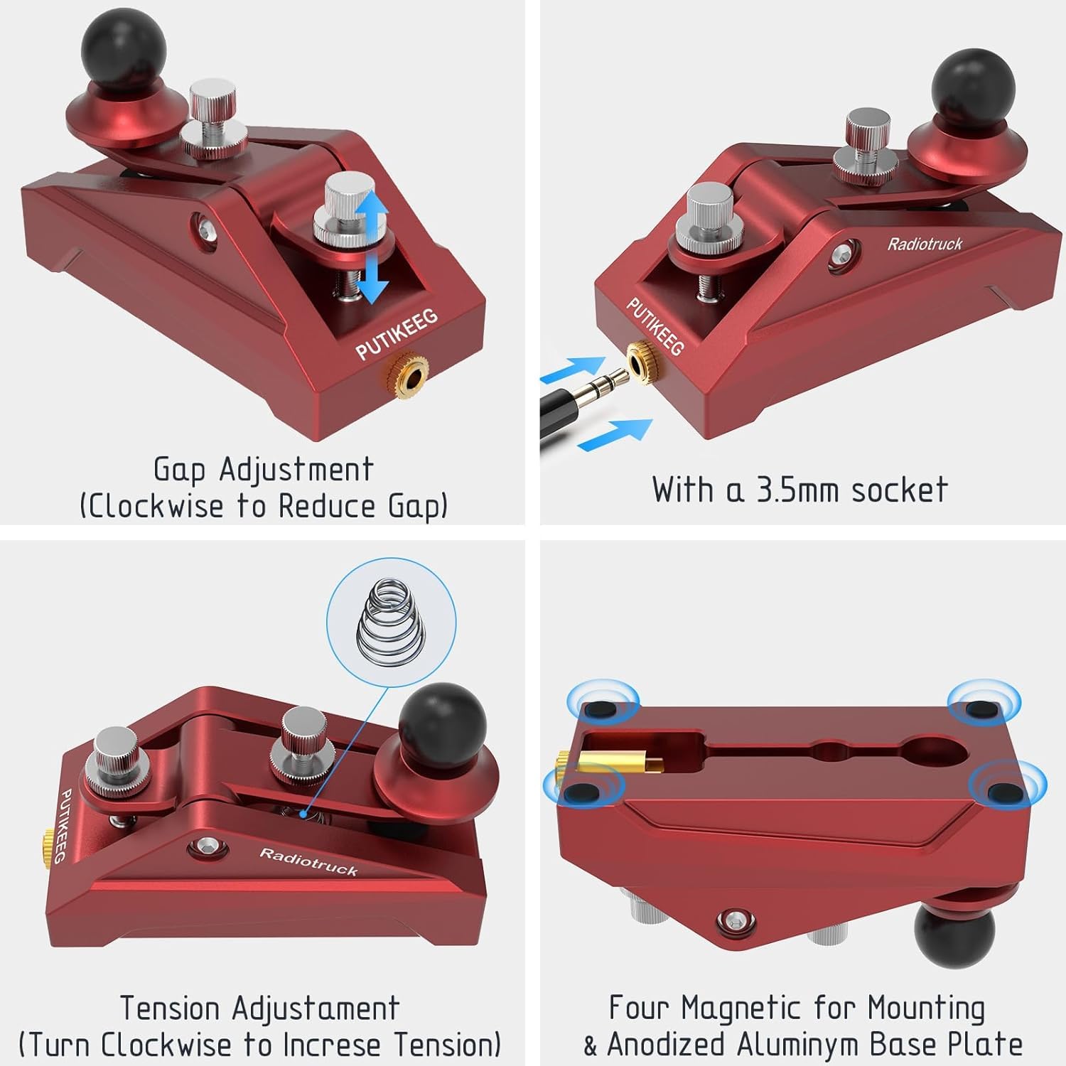CW Telegraphy Key Auto Morse - Radio HAM Send Telegram Key Lambic Single Paddle Transmission Morse Code Key con base in lega di alluminio (rosso)