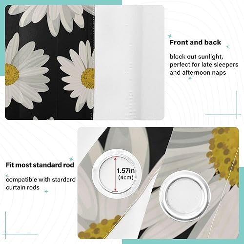 Miniatura 4 de White Daisies on Black Blackout Curtains 84 inches Length Curtains for Bedroom Living Room Blackout Blinds Closet Curtains Decor Cortina para