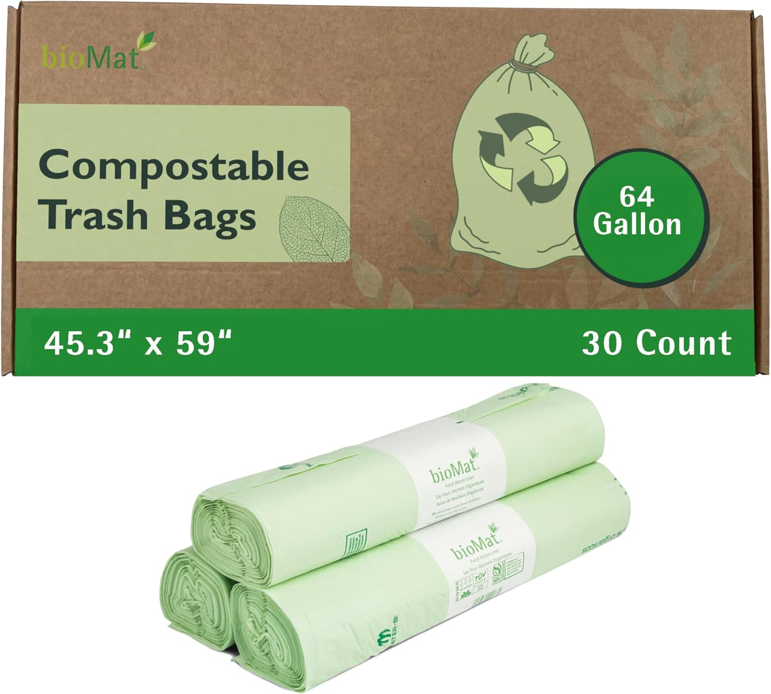 bioMat 64 Gallon Compostable Trash Bags, 30 Count, BPI ASTM D6400 Certified Compost Liner Bags for Gargabe Bin