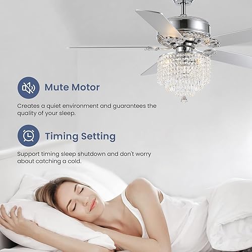 Miniatura 2 de CROSSIO Ventilador de techo de cristal con luces, moderno ventilador de araña con control remoto cromado reversible para dormitorio, comedor, 52