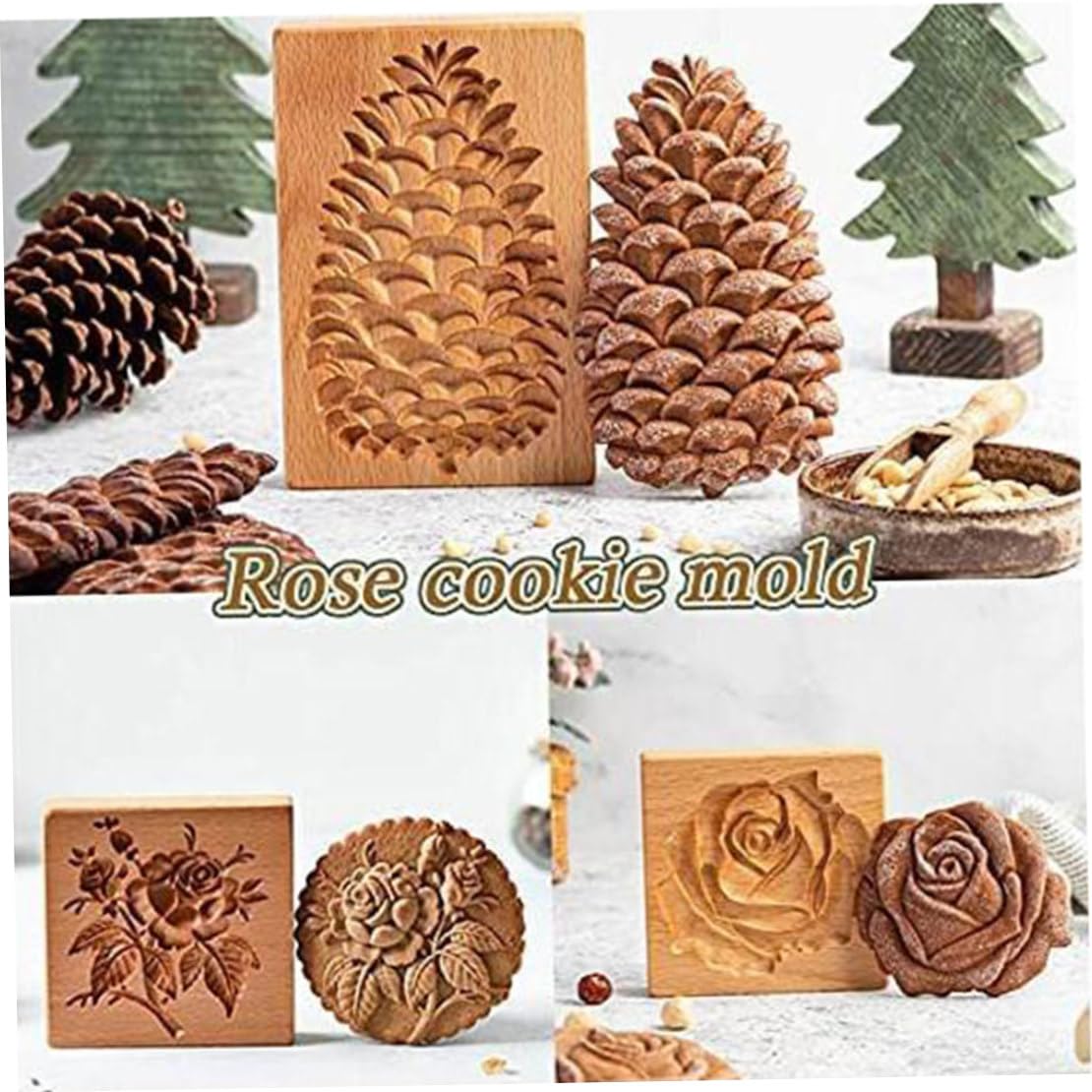 Keksausstecher, Keksformen aus Holz, Kekse, Plätzchen, DIY-Keks-Backform, hölzerner 3D-Rosen-Pressstempel for Party, Hochzeit, Küchenbedarf