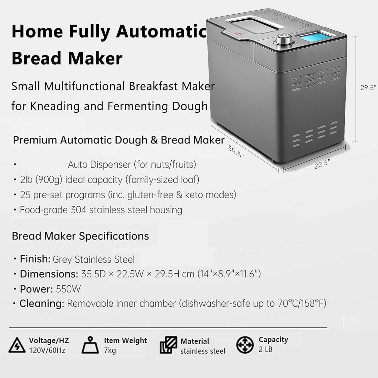 Automatic Bread Maker, Stainless Steel Breadmaker, 25 Smart Programs & Custom, Beginner-Friendly Controls, A bread machine suitable for making French, yogurt, and other