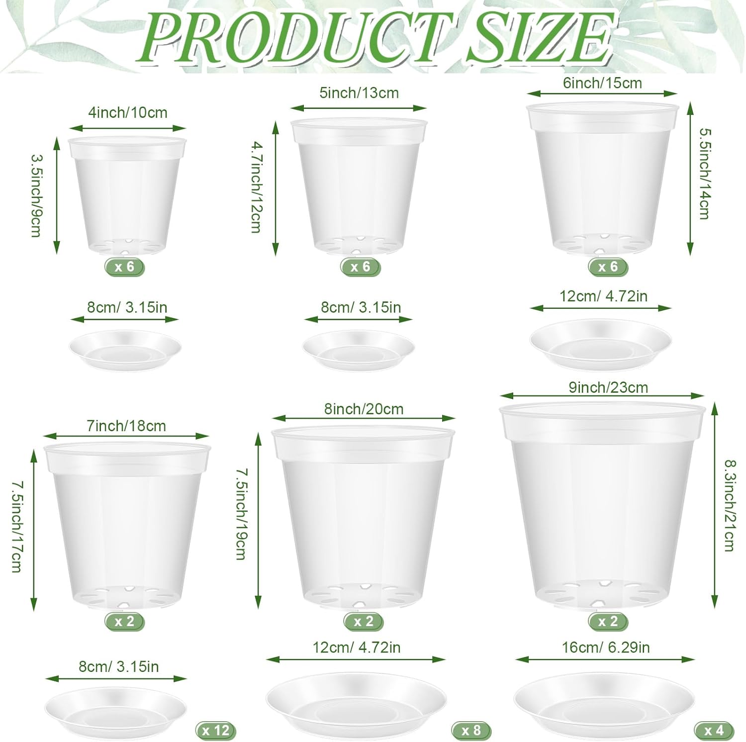 Vesici 24 Sets 4/5/6/7/8/9 Inch Clear Nursery Pots with Saucer Pack Variety Plastic Clear Plant Pots with Tray Drainage Hole for Indoor Plants Flowers Garden