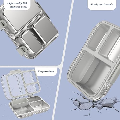Miniatura 4 de Lonchera Bento de acero inoxidable para niños y adultos, lonchera metálica de 3 compartimentos con tapa transparente y silicona extraíble, lonchera