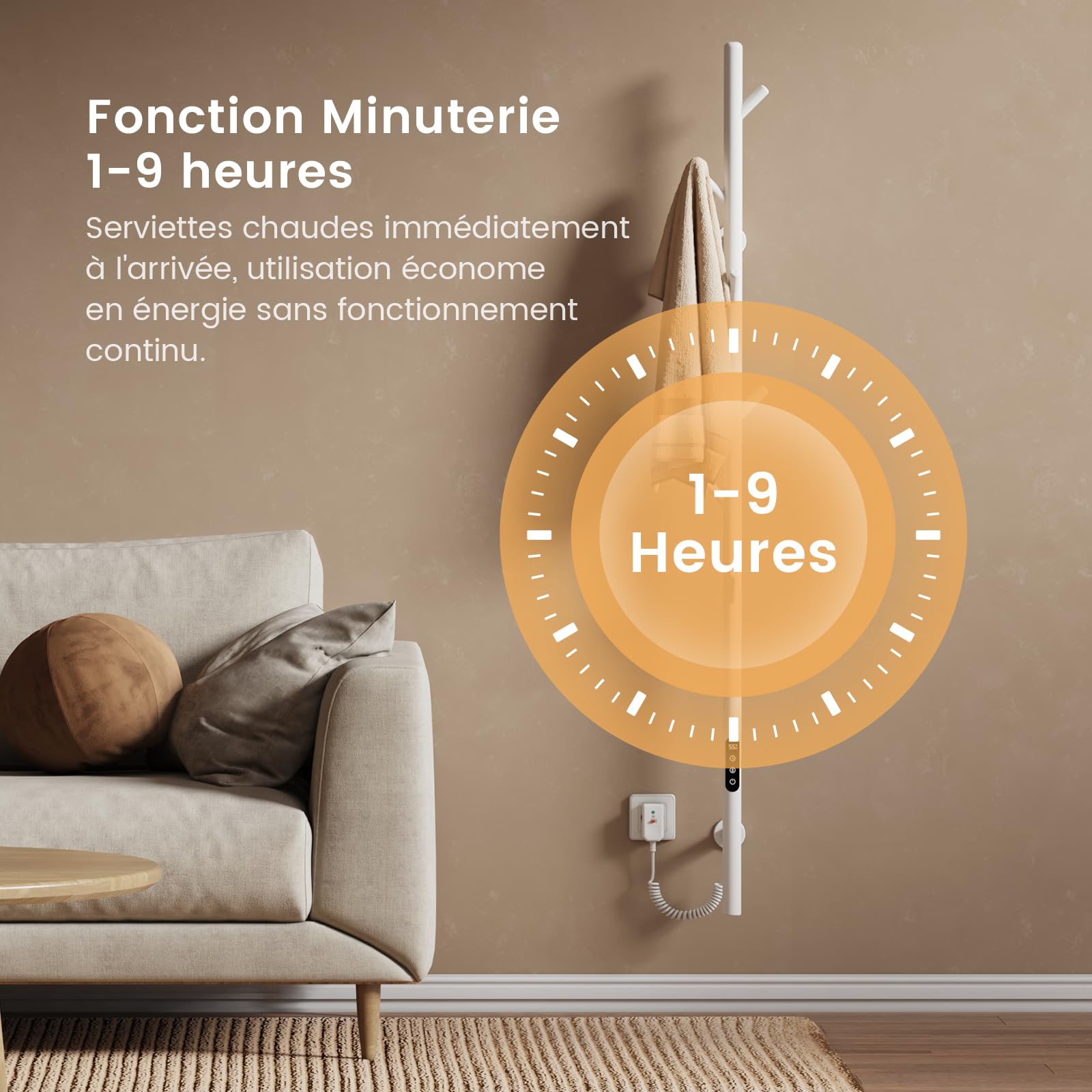 EMKE Sèche-Serviettes Électrique, Blanc,Thermostat Intelligent WiFi | Chauffe-Serviettes Électrique, Barre Unique, 150 cm de Hauteur