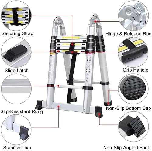 Miniatura 3 de Escalera telescópica de marco A de 125 pies con barra estabilizadora de escalera patas antideslizantes extensión de altillo de aluminio escaleras