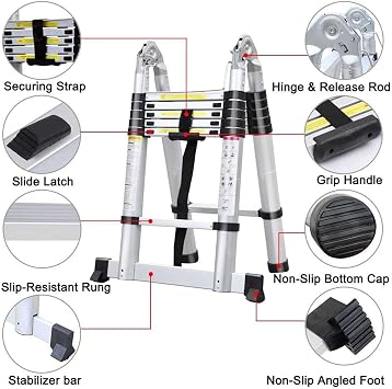 Extendable Ladders Telescopic Loft Ladder 5M Telescoping Ladders Multi Purpose Folding Extension Ladder,Non-slip Multifunction Extending Ladder Telescopic A Frame Ladder,Max 330Lbs & EN131(2.5M+2.5M)