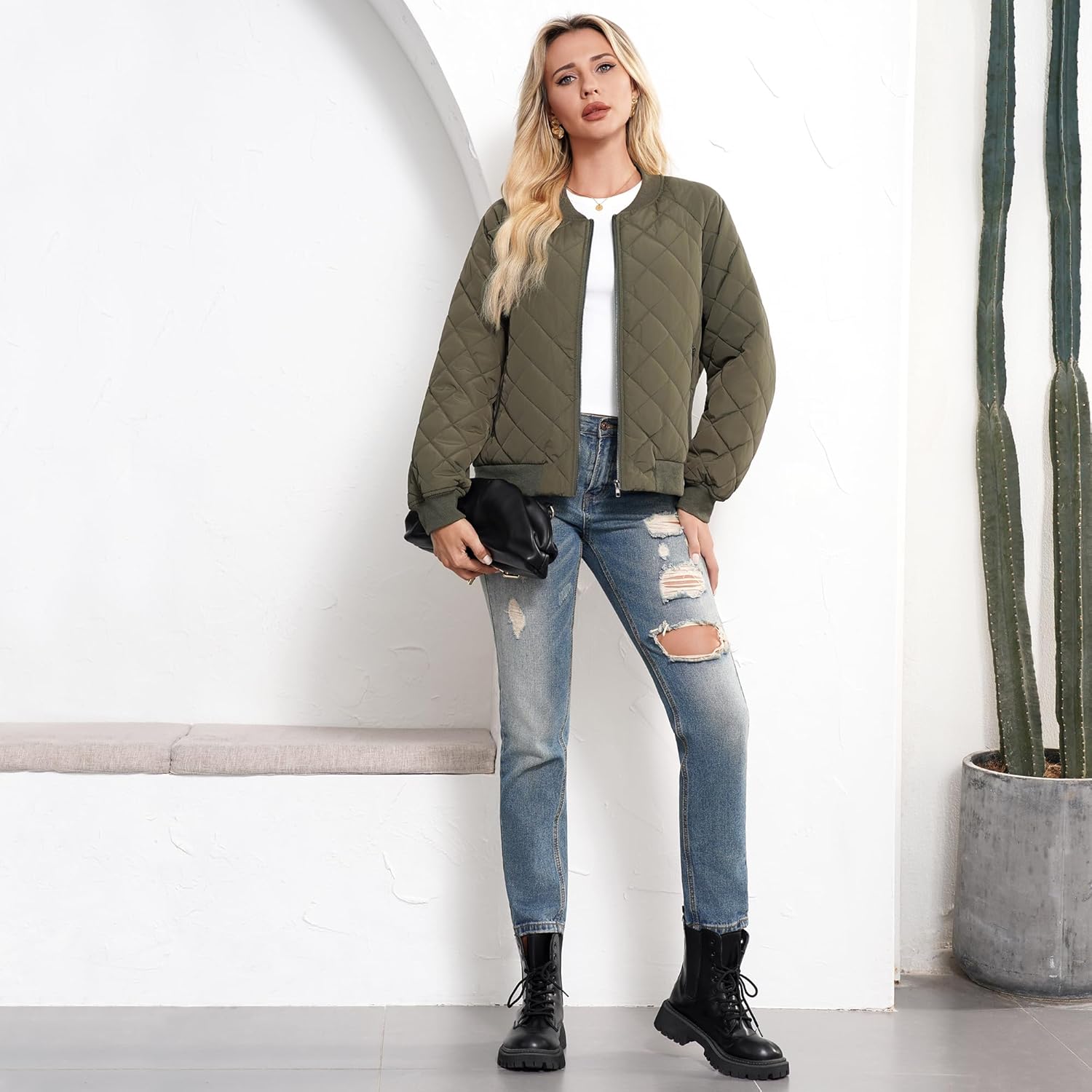 Women's Bomber Jacket - Fashion Quilted Casual Bomber Jakcets Lightweight Zip up Outerwear Jacket with Pockets - Image 2