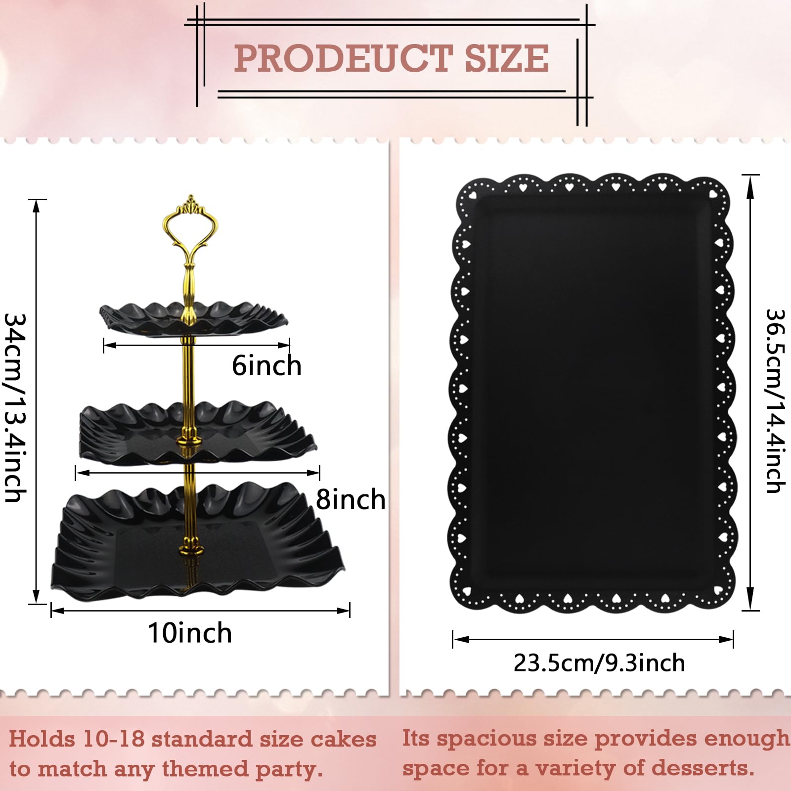 5 Pcs Dessert Table Display Set, Cup Cake Stands Set with 2X Cupcake Tier Stand Holder & 3X Appetizer Serving Trays Combo for Birthday Wedding Tea Party Baby Shower (Black, Wave Square)