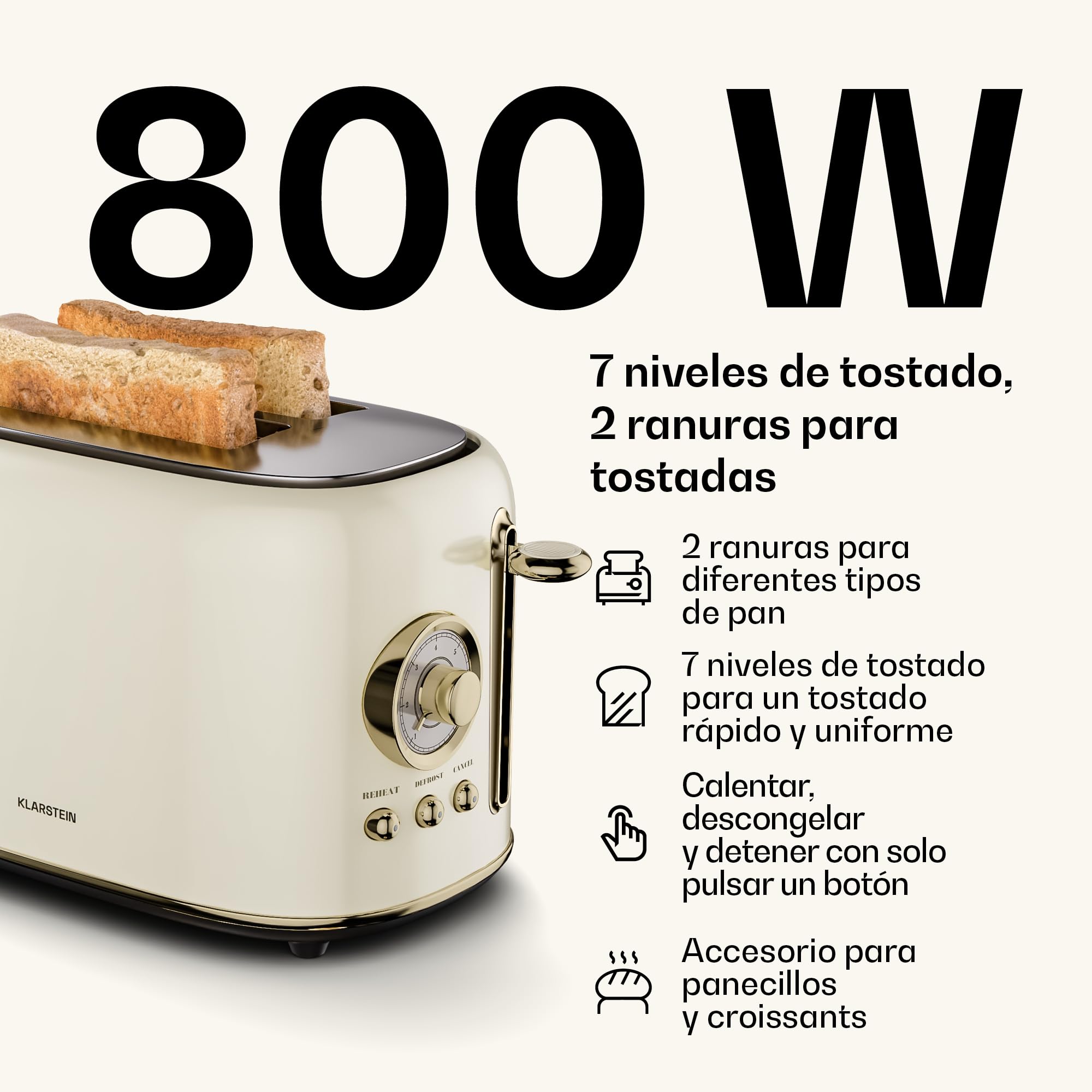 Klarstein Victoria Juego de Desayuno Esencial - Tostadora 2 Ranuras con 7 Niveles, Bandeja Recogemigas, Soporte Panecillos, 1.7L Hervidor Agua Eléctrico con Filtro Antical, Apagado Automático, Cream