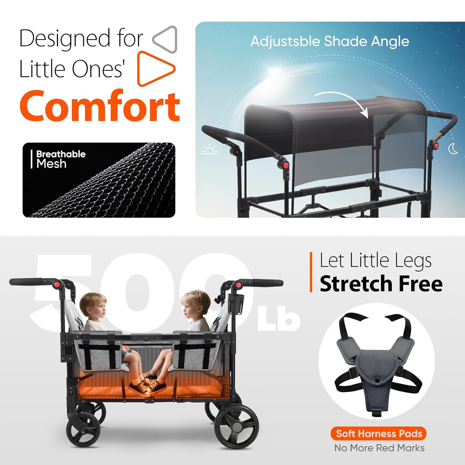 Sekey Wagon Stroller for 2 Kids, Luxury 4-in-1 Stroller Wagon - Premium Quality with Convertible Seats, Adjustable Push Handles, Removable Canopy, Cup Holder, Snack Tray & Cooler, US Certified.