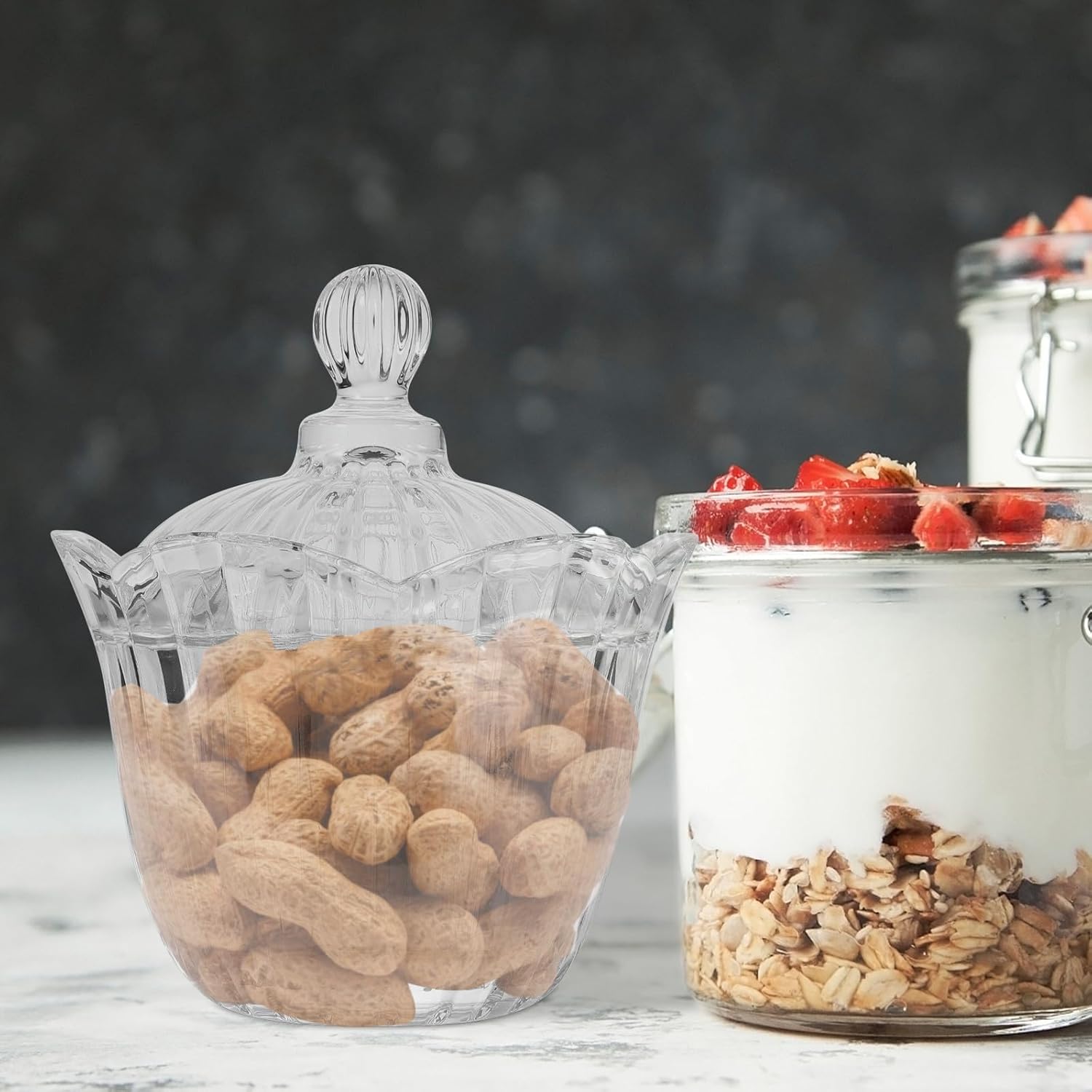 2pcs Glass Candy Holder with Lid, Large 18cm High Wide Mouth Glass Snack Storage Canisters for Dry Food Organization, Airtight Food Jars for Kitchen Pantry