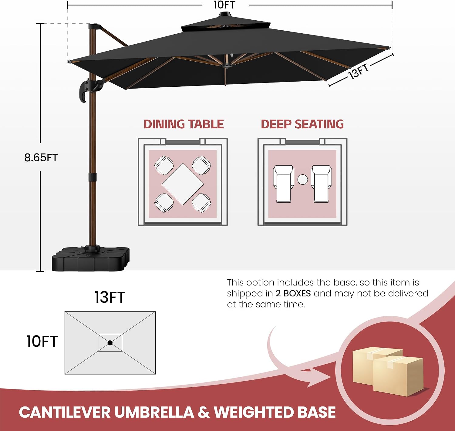 GENTEACO 10x13FT Rectangle Cantilever Patio Umbrella w/Base Included, Deluxe Wood Pattern Pole & 7 Angle Tilts, 360° Rotation, Offset Hanging Market Umbrellas for Garden Pool Patio, Black