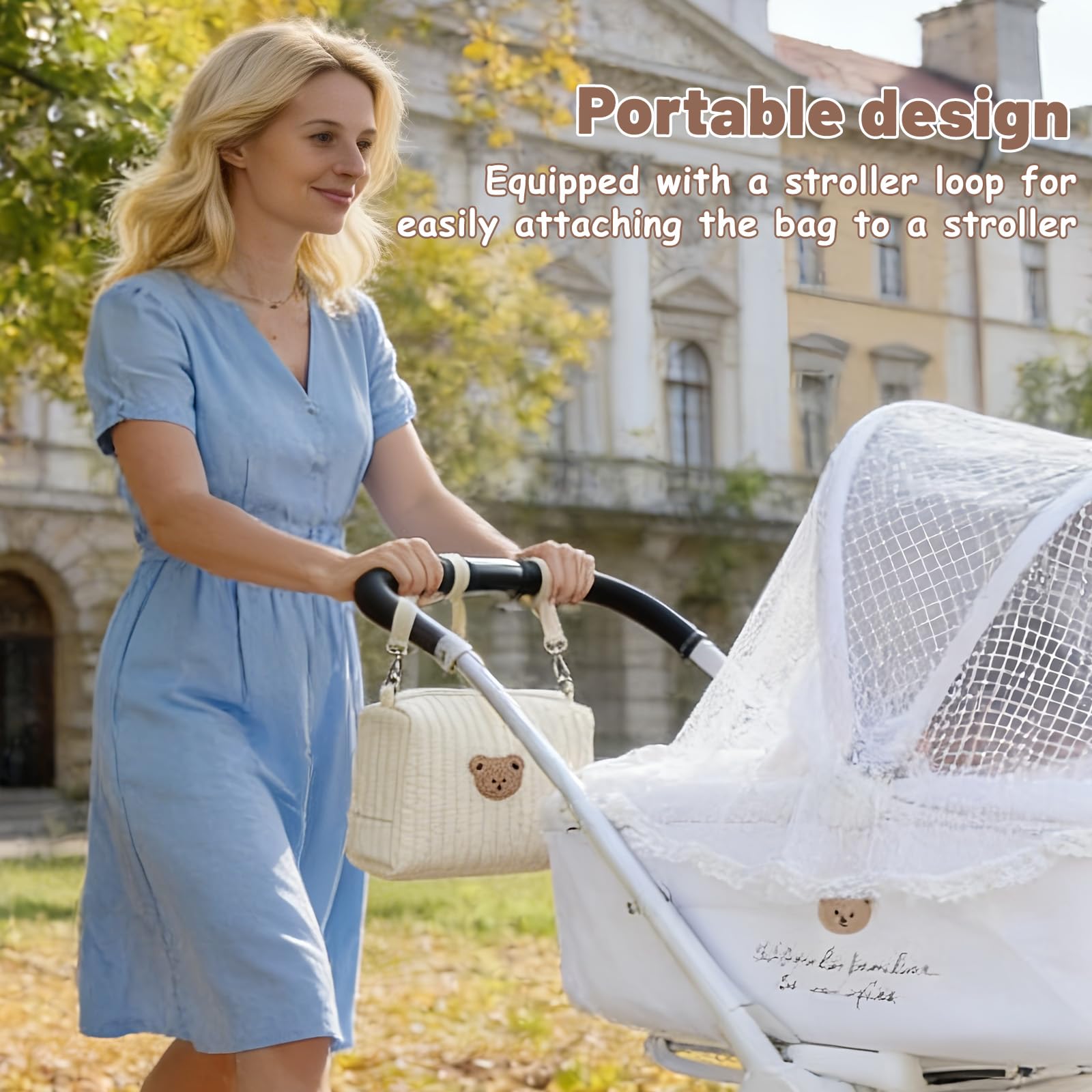 Sac à langer pour les déplacements, organisateur universel pour poussette, broderie ours, sac à langer en coton, mini sac à couches et sac pour poussette avec 2 sangles