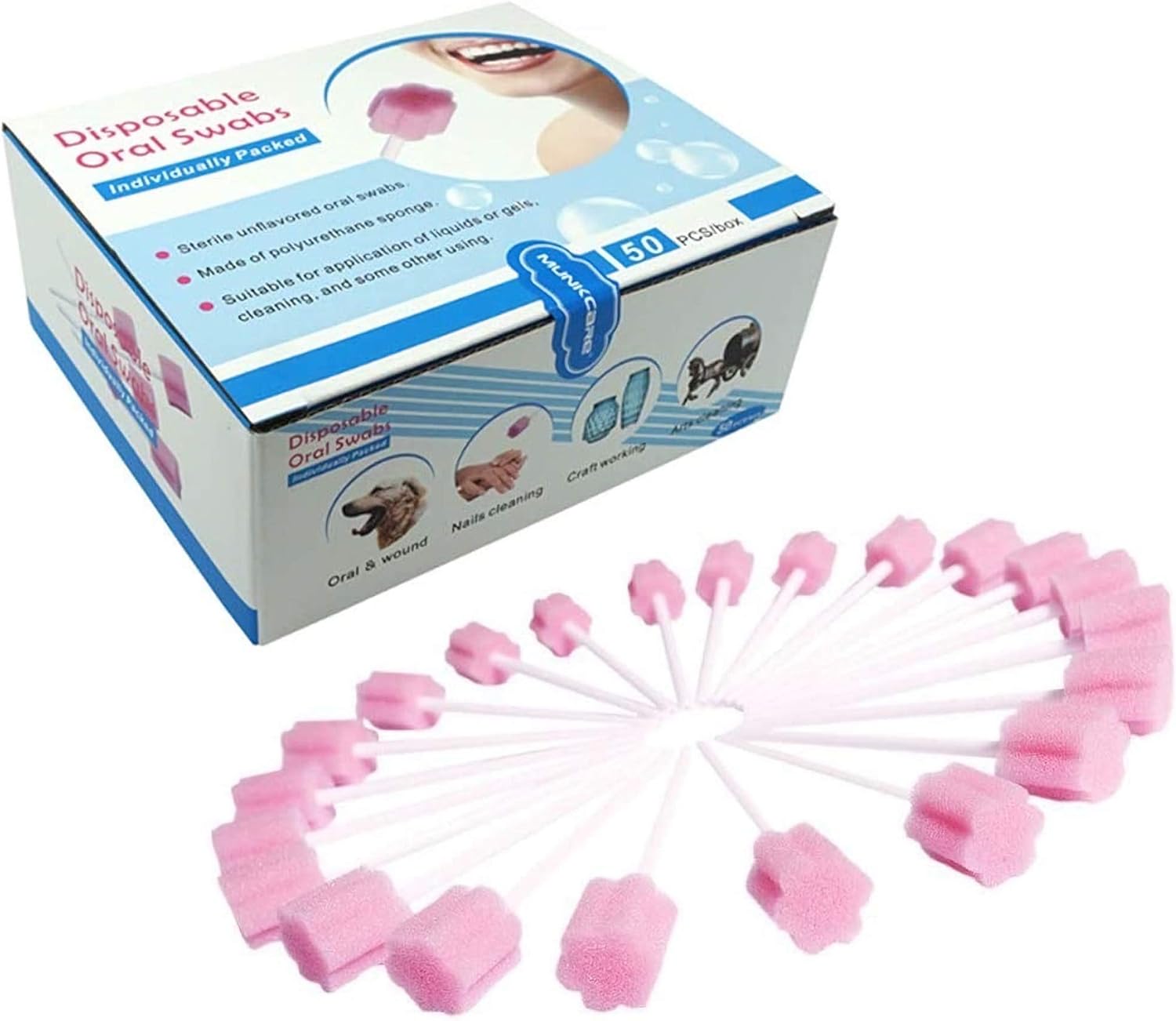 Xrten 50 Piece Disposable Oral Care Sponge Swab, Tooth Cleaning Swabs