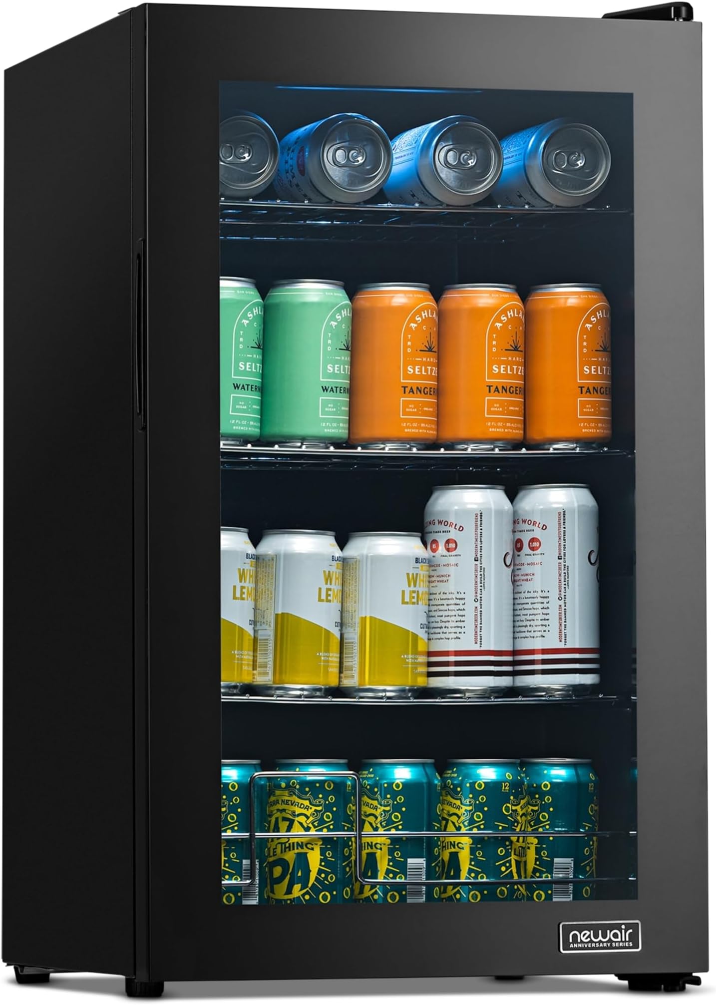 NewAir Beverage Refrigerator 100 Cans Cooler, Free Standing Black Fridge with Reversible Glass Door, Mini Fridge Beverage Organizer For Beer, Wine, Soda, and Drinks