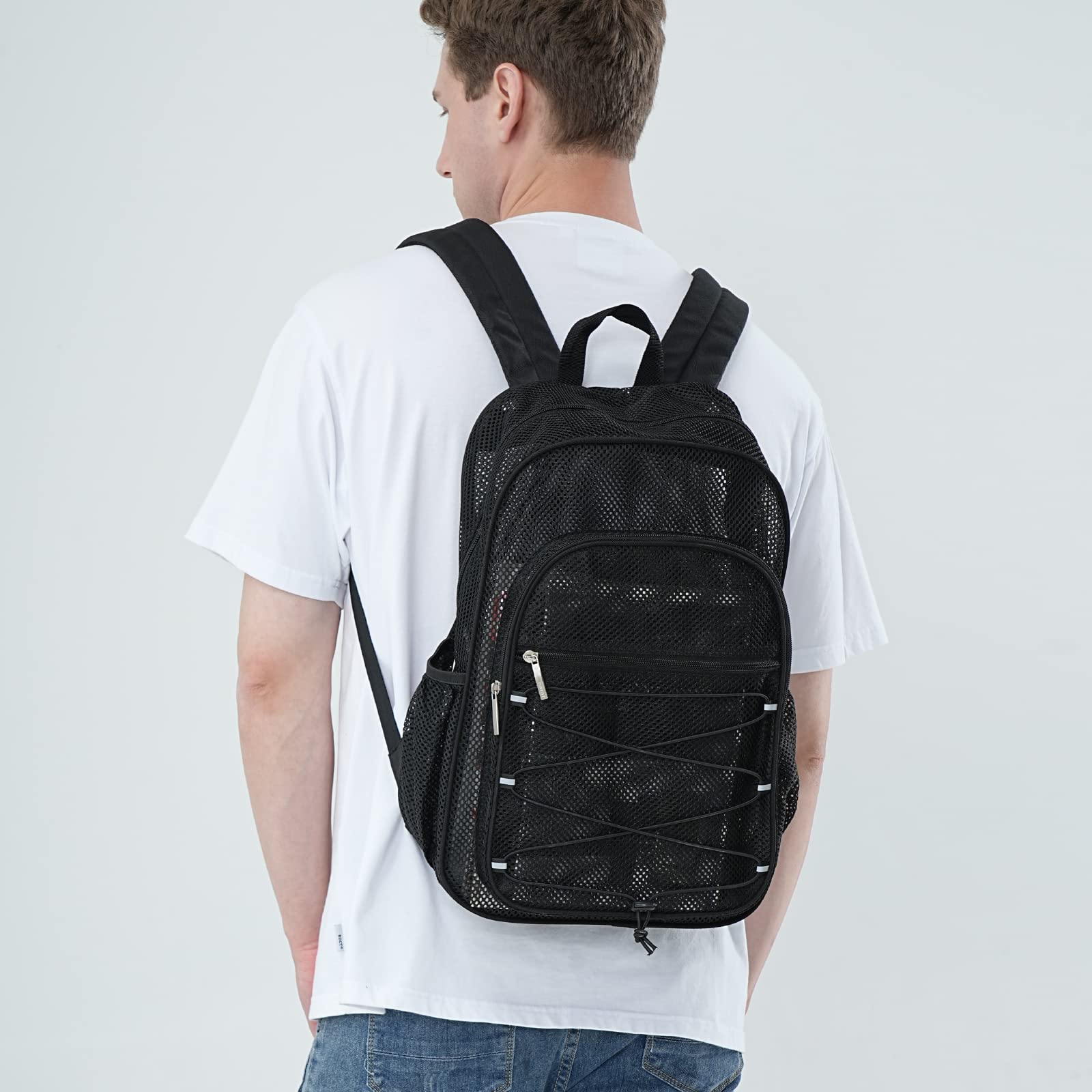 TINYAT Netz-Rucksack für Damen und Herren, strapazierfähig, durchsichtig, transparent, für Strand, Reisen, Fitnessstudio, Schwimmen, Schwarz/8010
