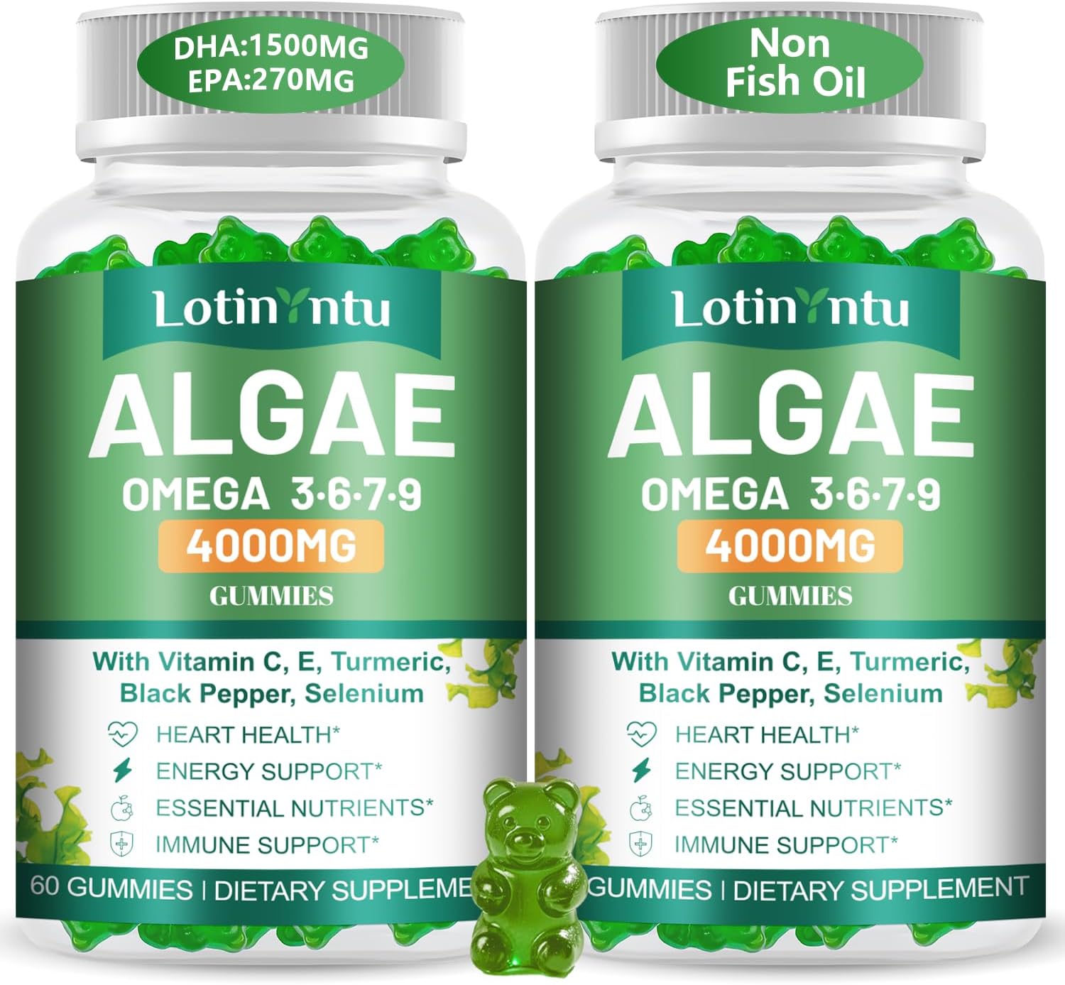 2 Pack 4000mg Algae Omega 3-6-7-9 Gummies |No Fishy Taste Omega Supplement with DHA/EPA, Vitamin C/E, Turmeric, Black Pepper, Selenium | Plant-Based, Supports Heart, Brain & Immune Wellness