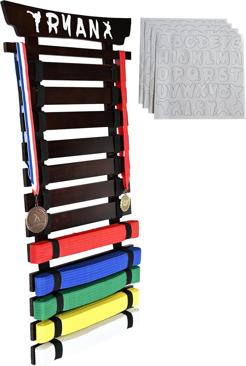 12 or 15 Belt Taekwondo Belt Display Rack with Stickers, Pine Wood, Walnut color (15 Belt)