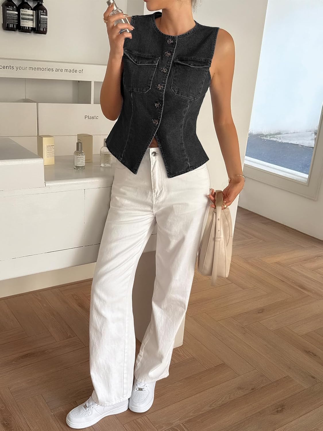 Tankaneo Womens Going Out Denim Vest Tops Trendy Cropped Sleeveless Button Down Fitted Jean Tank Tops Y2K Waistcoat - Image 6