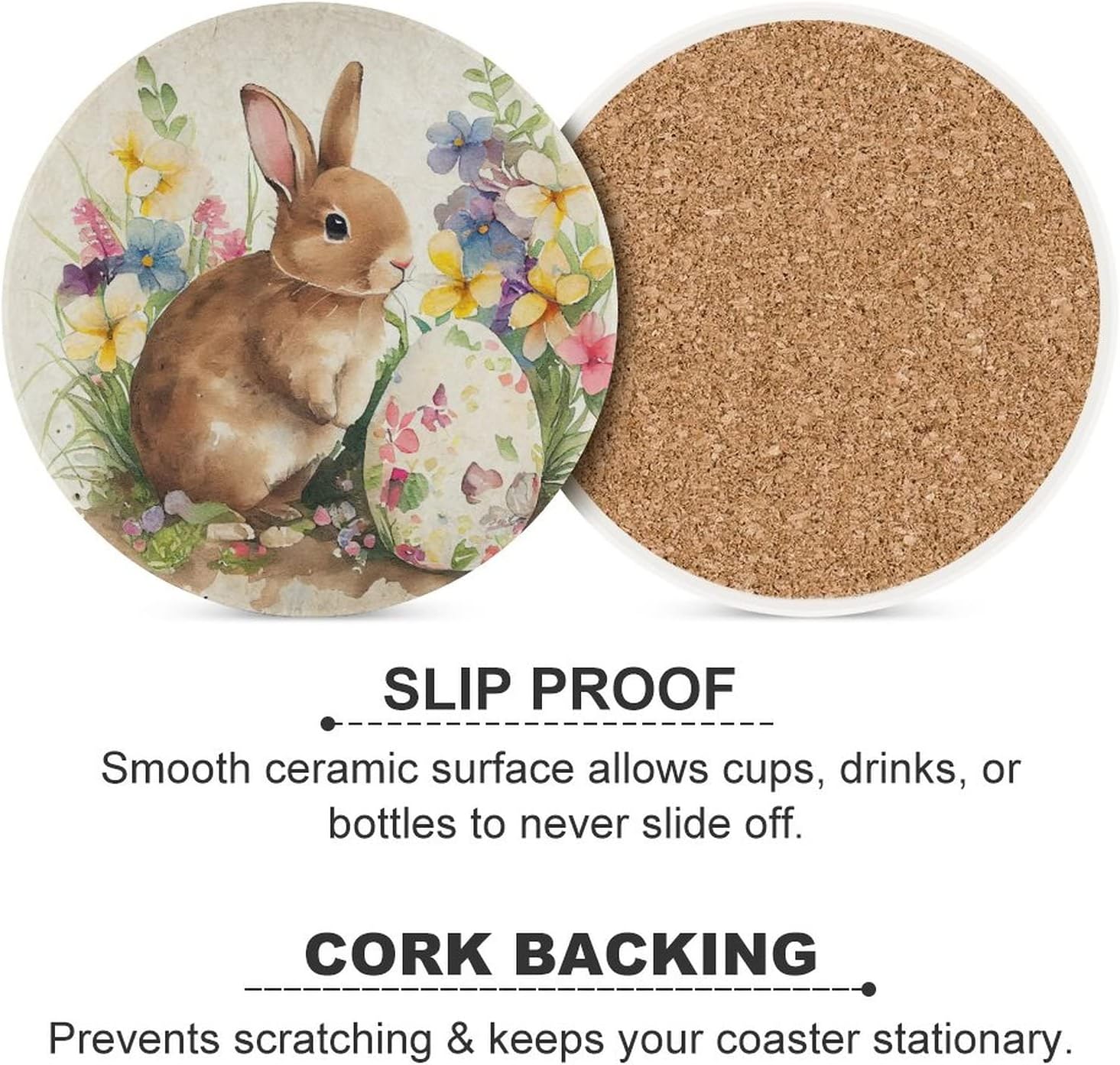 Happy Easter Drink Coasters Set of 6, Absorbent Ceramic Retro Easter Rabbit Coasters for Wooden Table, Cute Rustic Cup Mat with Cork Base, Easter Party Decor, House Warming Home Gift for Easter Day