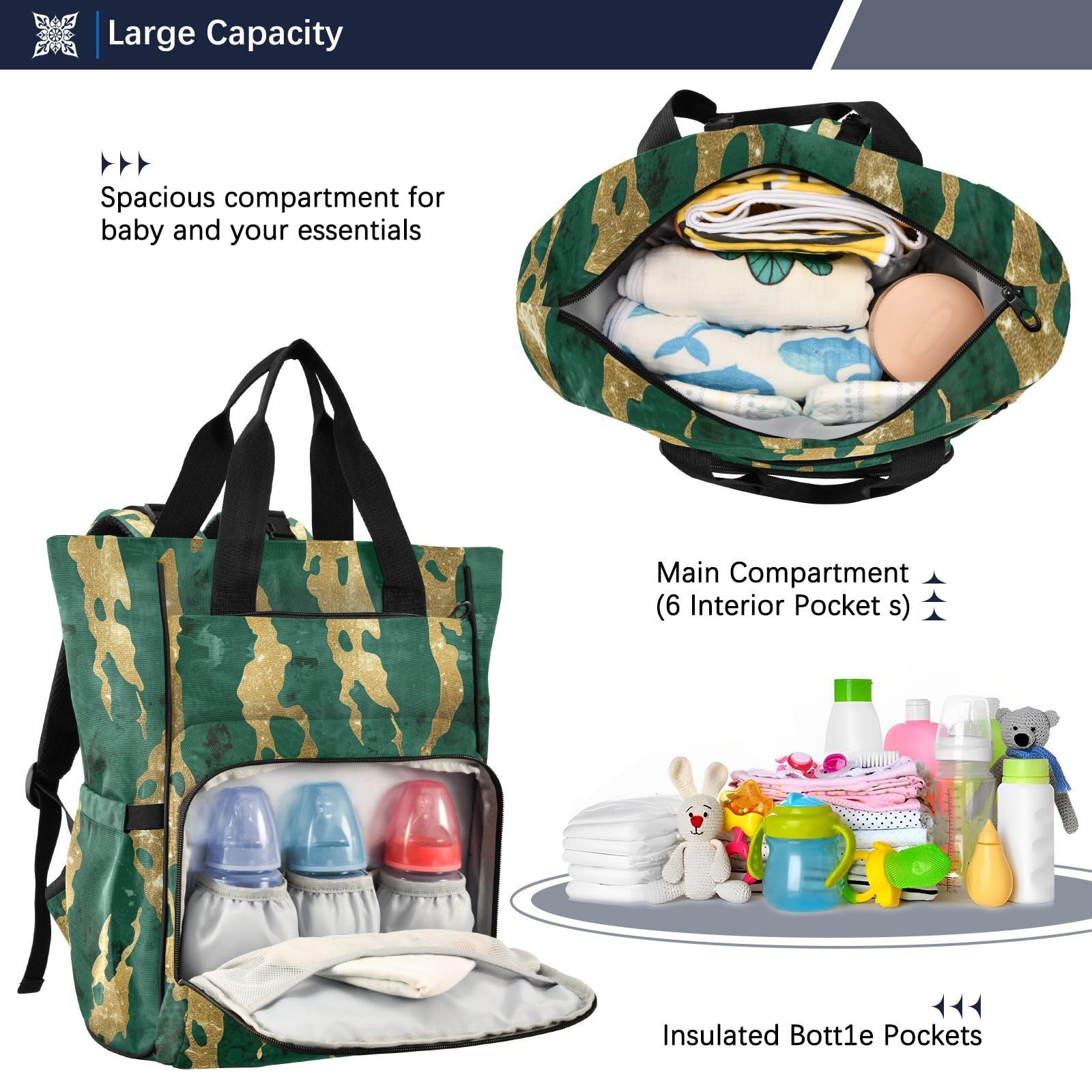 Borsa per pannolini zaino da donna oro ghepardo strisce verde