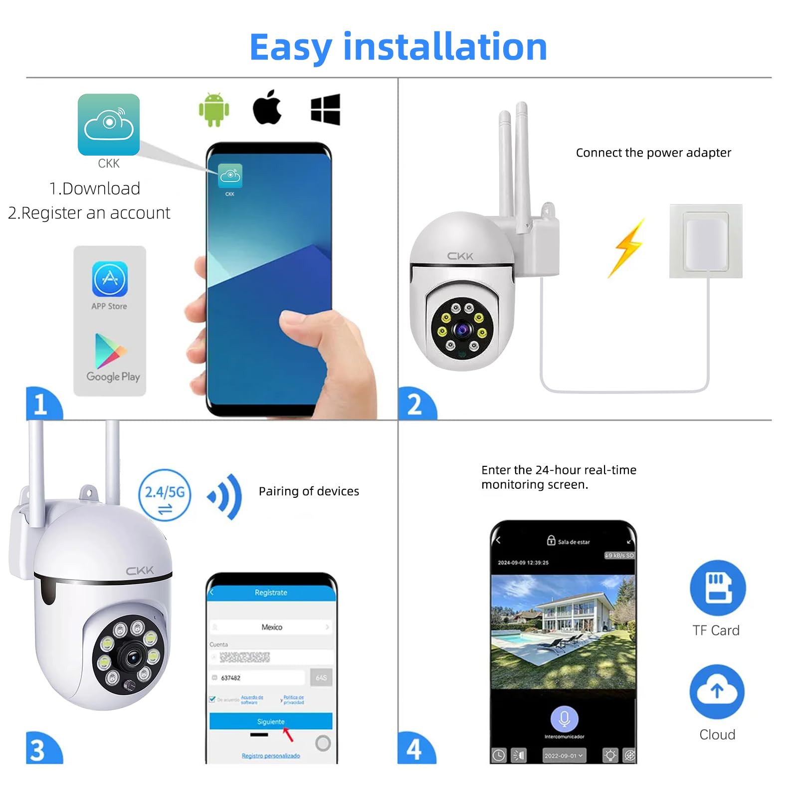 CKK Bezprzewodowa kamera bezpieczeństwa 1080P, 2 MP PTZ WiFi kamera domowa (dwupasmowa 2,4 g/5 G), panorama/pochylenie 360°, noktowizor, powiadomienia o ruchu, 2-drożny dźwięk, kompatybilna z Alexa