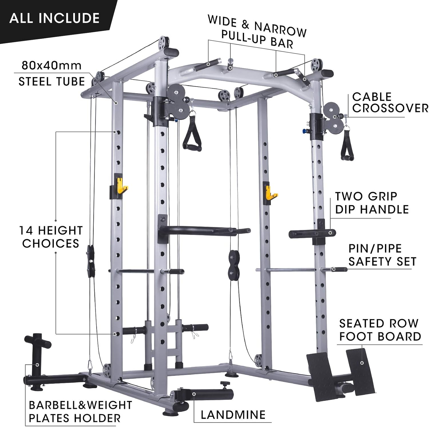 Mikolo Multi-Function Power Cage, 1200 lbs Commercial Weight Cage with Cable Crossover Machine, J-Hooks, Landmine, T-Bar, Dip Bars, Barbell Holder, and Other Attachments(2021 New Version) : Sports & Outdoors