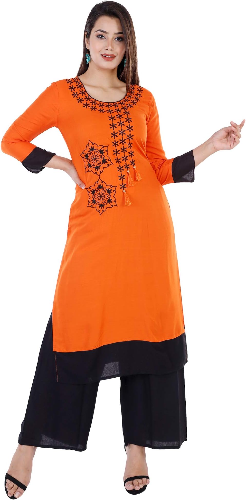 Utkala Collection Women Embroidered Rayon Straight Kurta  (Orange)