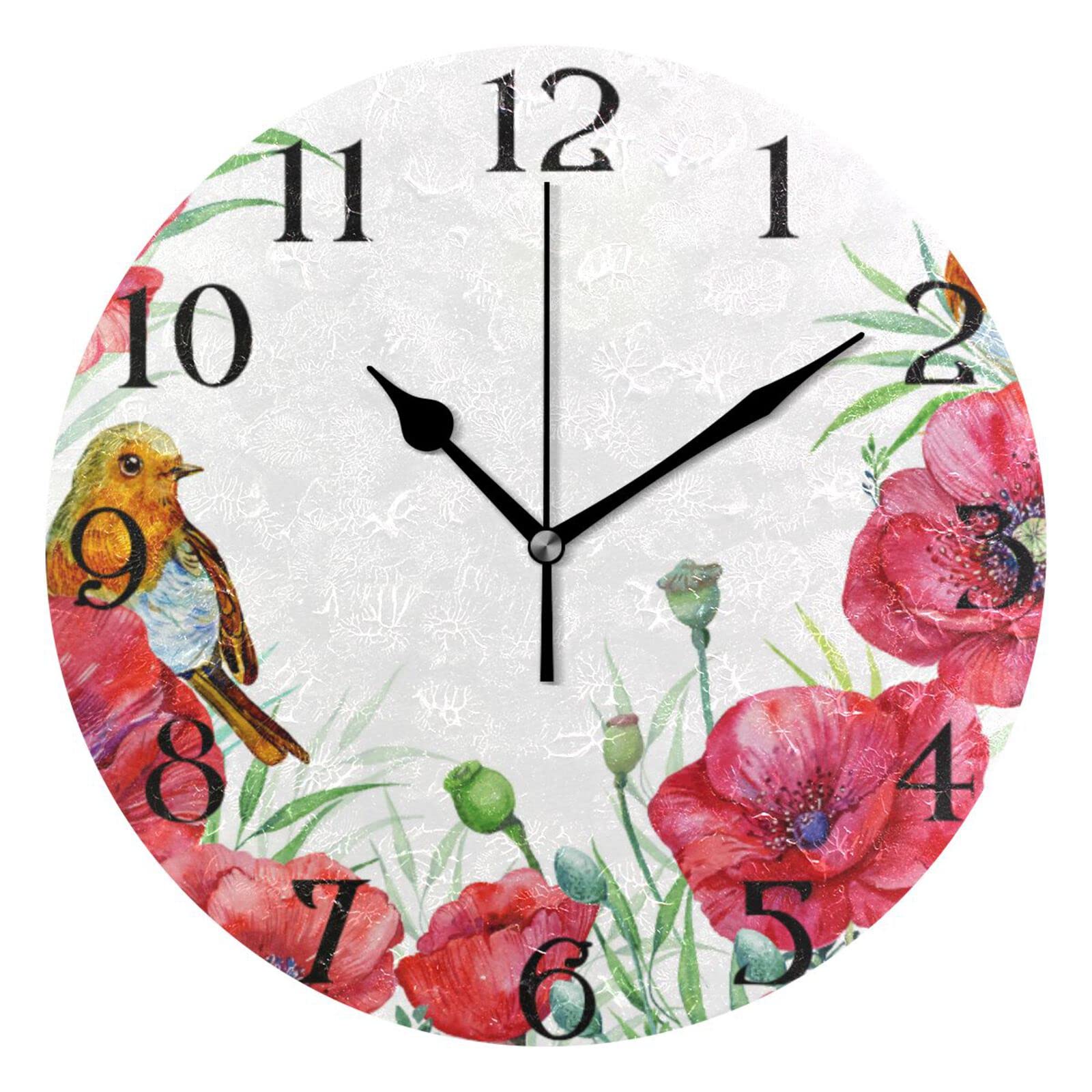 Mnsruu Large Wall Clocks, Red Poppies Flowers Robin Birds Non Ticking 25cm Clock Silent Clocks Atomic Analog Clocks Living Room Kitchen Bedroom Office Home Decor Easy to Read — image 1