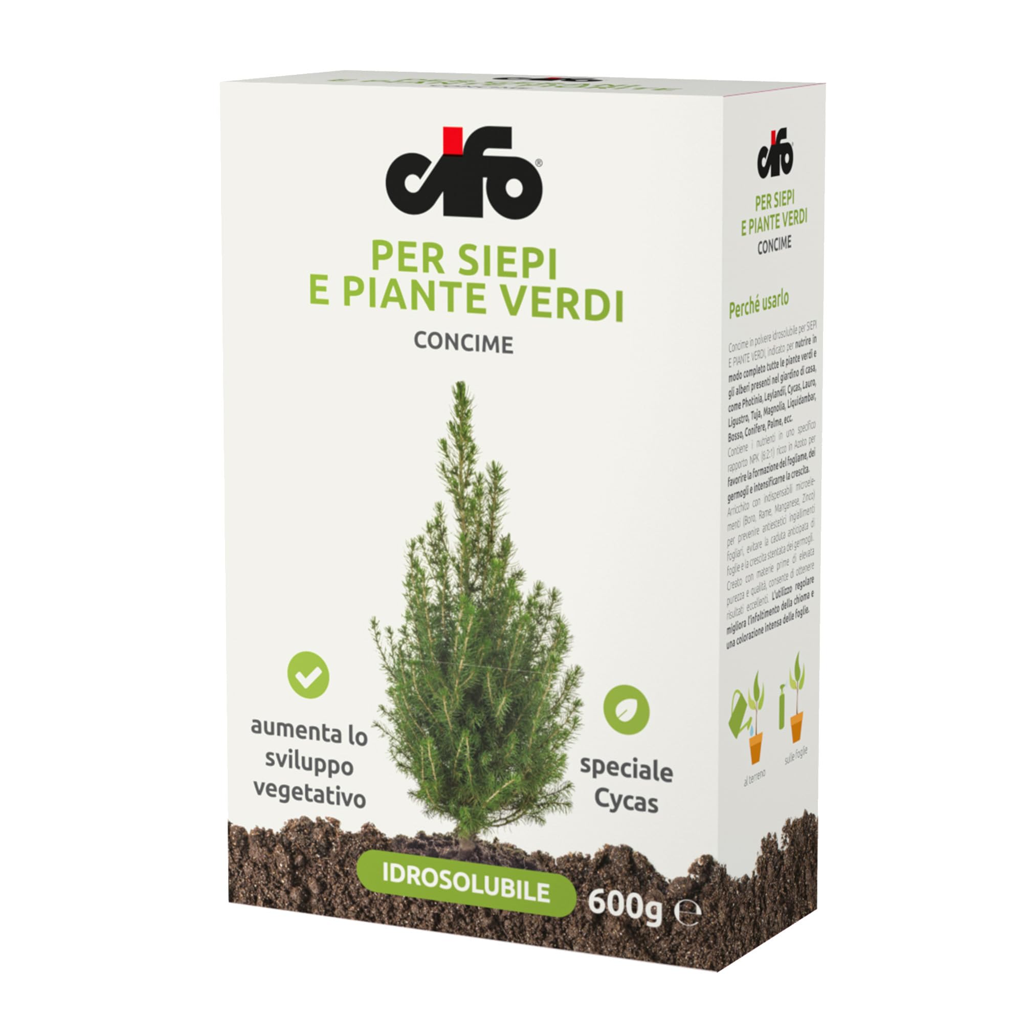 CIFO - Concime Piante Verdi e Siepi Idrosolubile, Fertilizzante Casa, Fertilizzante Piante Terrazzo e Giardino, Favorisce la Formazione di Fogliame e Ne Intensifica la Crescita, Made in Italy, 600g