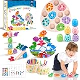Aliex 4 in 1 Montessori Dinosaur Toys 12+ Months Boys Girls, Wooden Blocks Stacking Balance Toys Stick Color Sorting Egg Puzzles Matching Game,Preschool Education Learning Gift for Toddlers 1 2 3 4