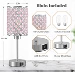 Lampe de table en cristal rose, lampes de lit à commande tactile avec ports de recharge USB-C+A 3-Way Table de chevet variable Petit ensemble de lampe de bureau 2 pour Chambre à coucher, Salon, Bureau (veuillez inclus)