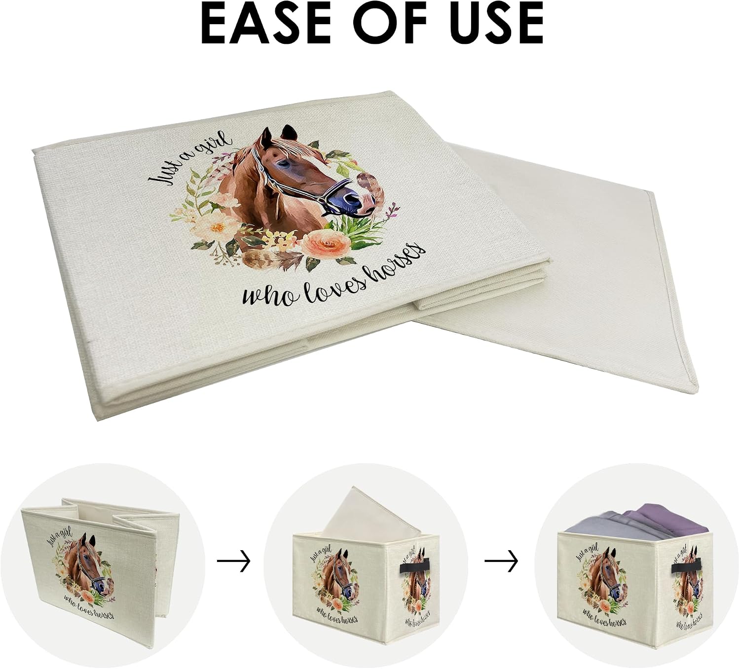 Knibeo Just a Girl Who Loves Horses Fabric Storage Bins for Shelves Closet, Horse Gifts for Women, Horse Lover Gifts Collapsible Cube Baskets Organizer for Clothes Books Toys image 4