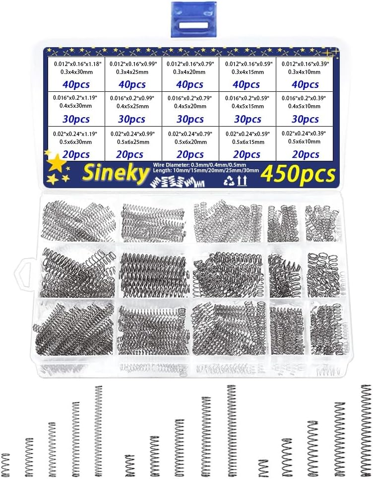 450pcs Compression Springs Assortment Kit, Small Spring Set for DIY Repair Project, 15 Different Sizes Stainless Steel Compressed Spring Kit 10-30mm (0.39"-1.18") Length